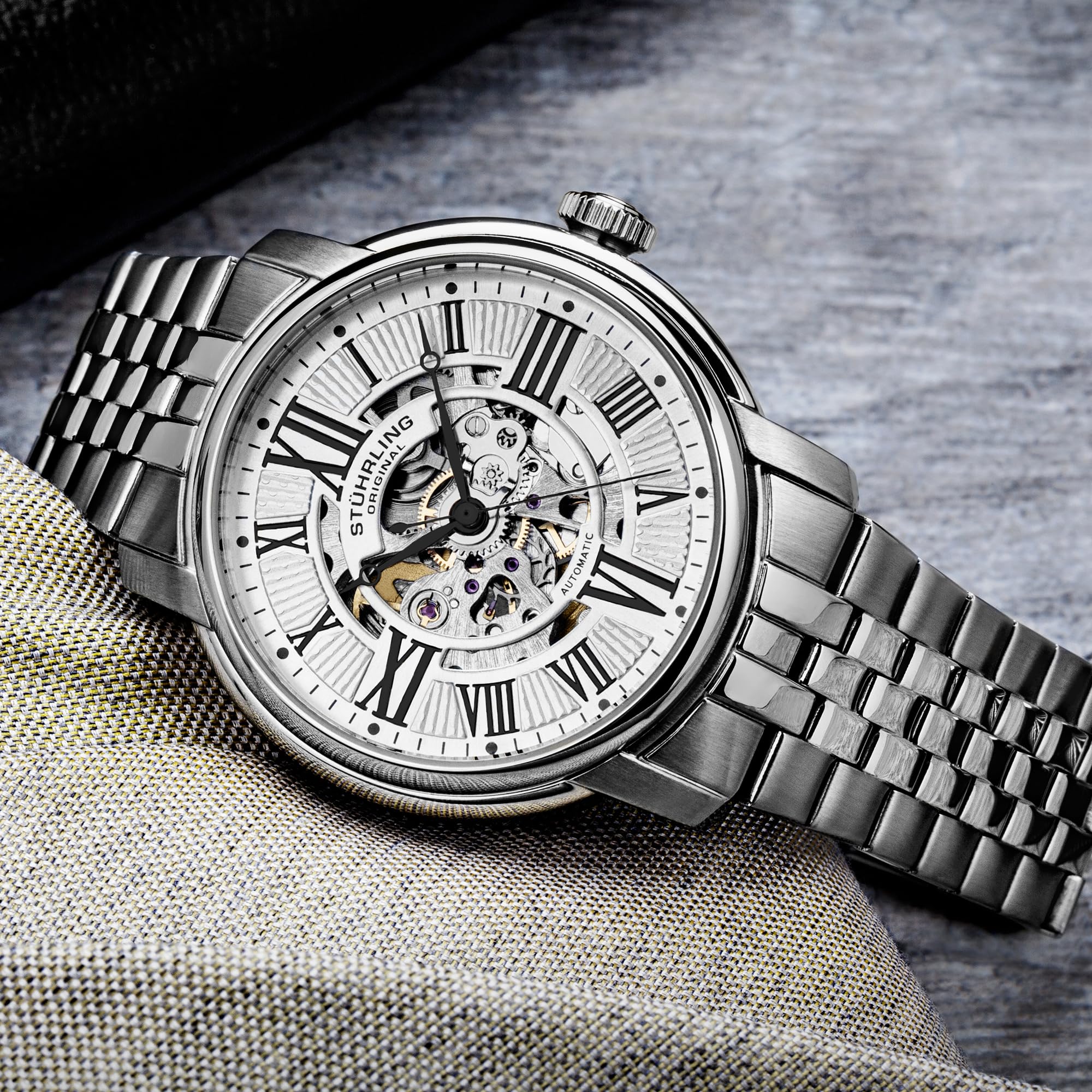Stuhrling Atrium Men's Automatic Skeleton Watch - Silver Dial, Stainless Steel Bracelet with Roman Numerals, Exhibition Case Back - Perfect for Business, Formal Events & Luxury Gift Giving