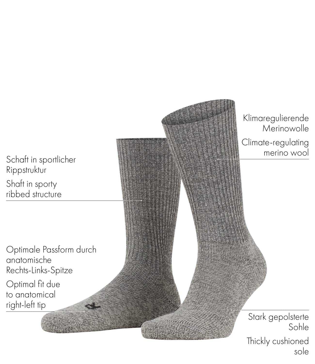 FALKE Unisex Walkie Ergo Socks - Merino Wool Crew Socks for Hiking & Walking - Breathable & Comfortable 1 Pair for Outdoor Activities & Daily Wear