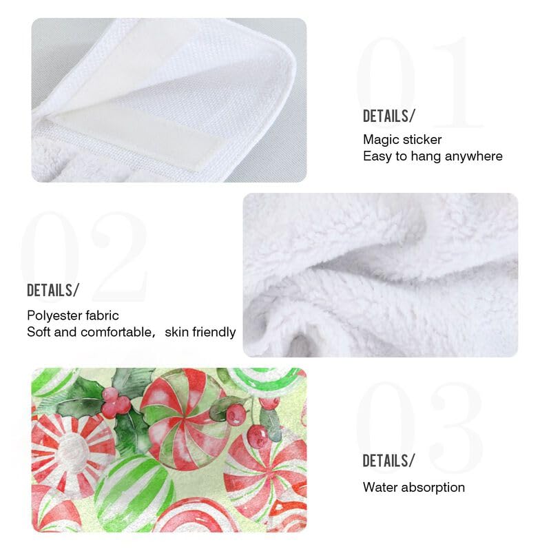 Christmas Peppermint Candy Hanging Kitchen Towels - 2PCS Absorbent Dish Cloths with Loops for Oven, Stove & Bathroom - Festive Winter Floral Hand Towels for Home Decor & Holiday Kitchen Use