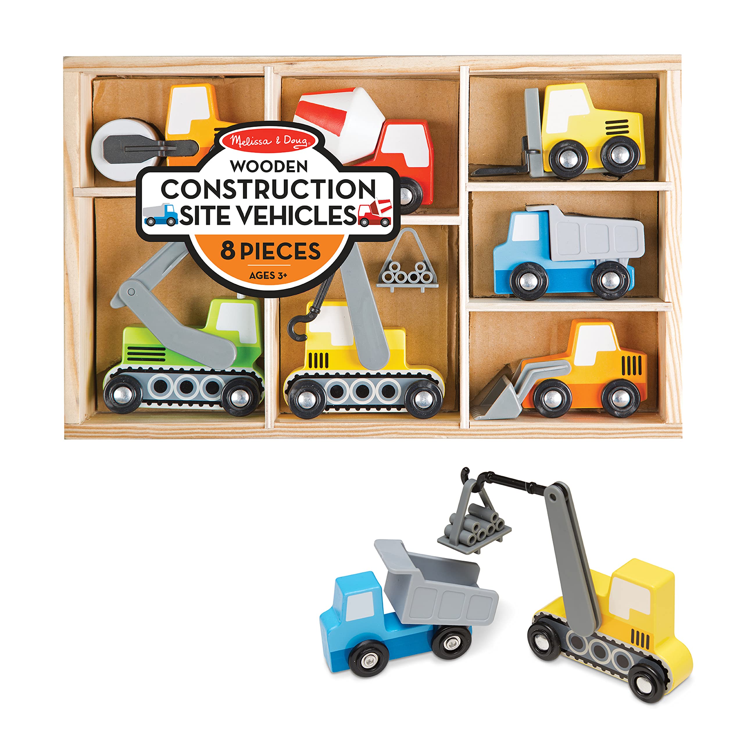 Melissa & Doug Wooden Construction Site Vehicles Set with Storage Tray - 8 Piece Kids Construction Toy Trucks & Cars for Toddlers Age 3+ | Pretend Play, Birthday Gifts, Early Learning Activities