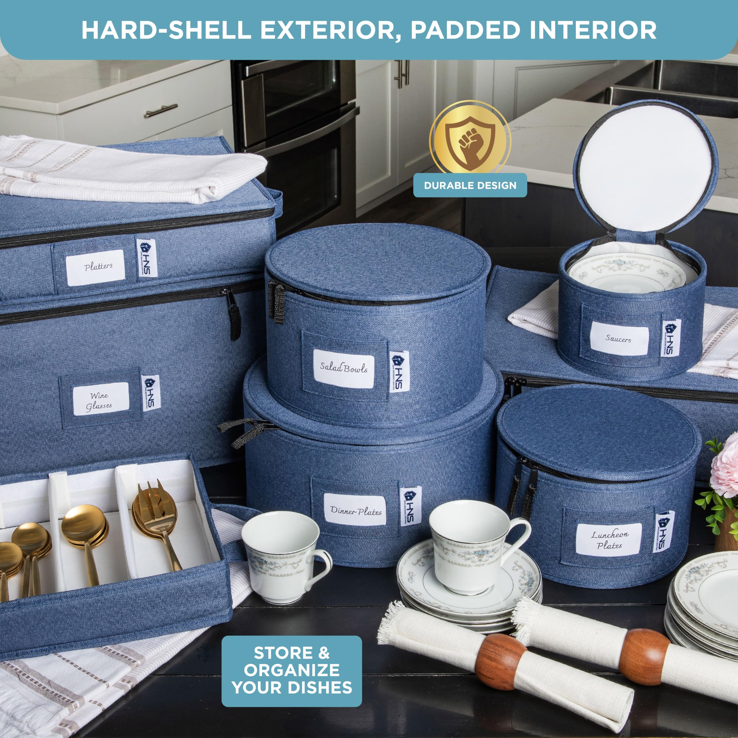 8-Piece Hard Shell Storage Container Set - Durable Moving Boxes for Dinnerware, Glasses, Plates & Mugs with Dividers | Dish Organizer for Seasonal Storage (Serves 12) | Denim Blue | Perfect for Kitchen Organization, Moving Homes & Holiday Dish Storage