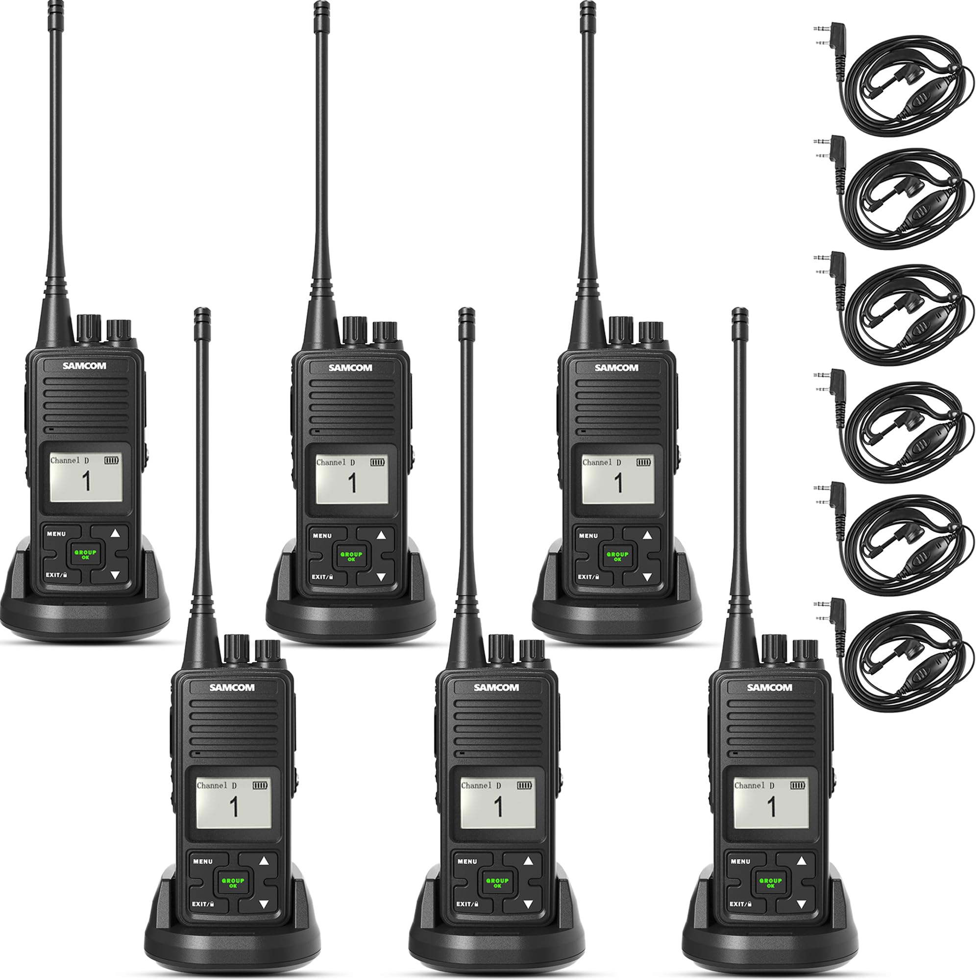 Professional Heavy Duty SAMCOM FPCN10A Business Walkie Talkies - 3000mAh Long-Lasting Battery, Group Call & 2-Way Communication with Earpiece - Ideal for Skiing, Hunting, Hiking, Construction & Outdoor Adventures (6-Pack)