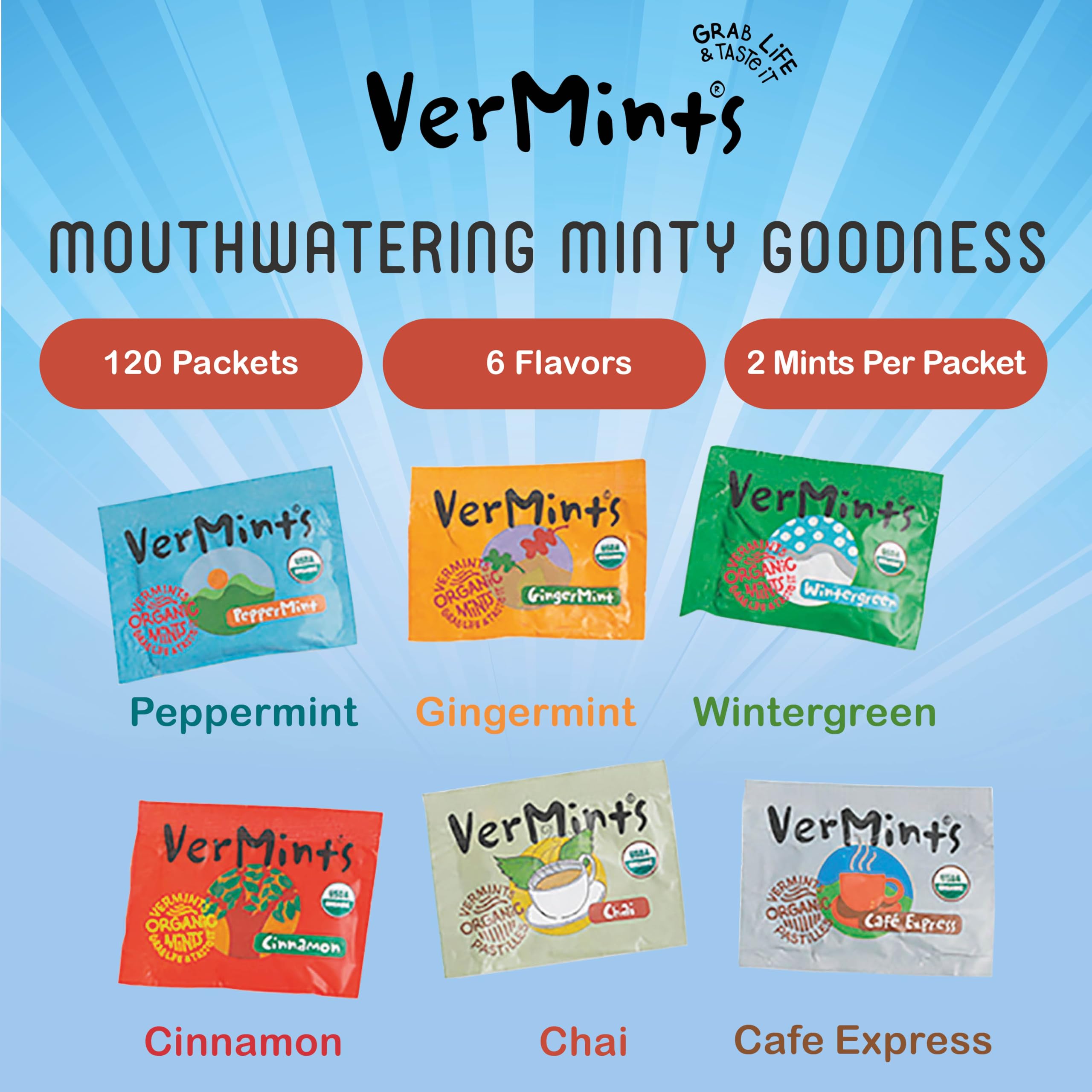 VerMints Organic Breath Mints Variety Pack - 2 Pack (120 Count, Trial Size) | Refreshing Peppermint & Spearmint | Perfect for On-the-Go Freshness, Office Use & After Meals