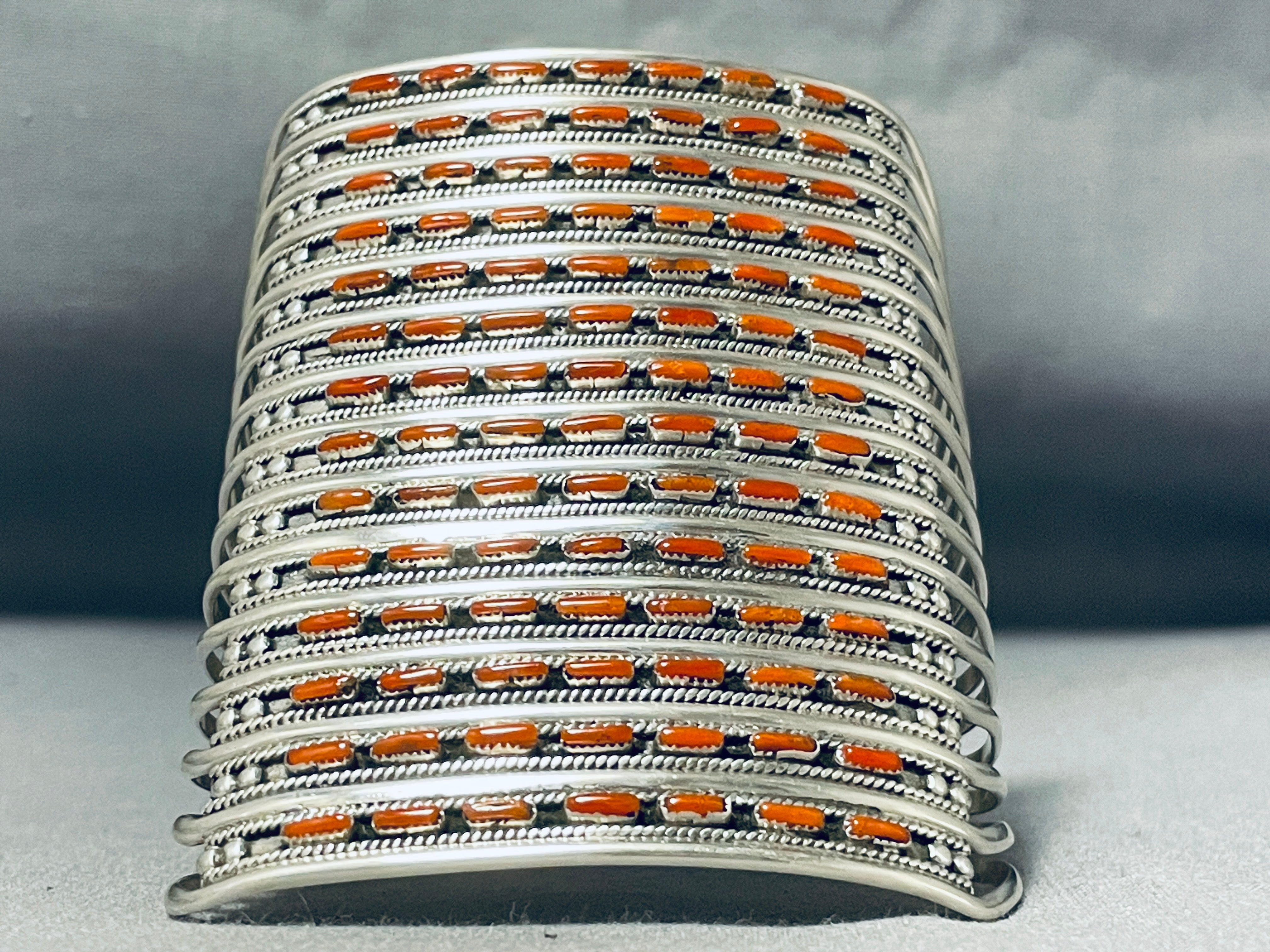14 Story Tall Coral Native American Zuni Sterling Silver Bracelet - Handmade Southwest Jewelry for Women, Boho Chic Accessories for Festivals & Special Occasions