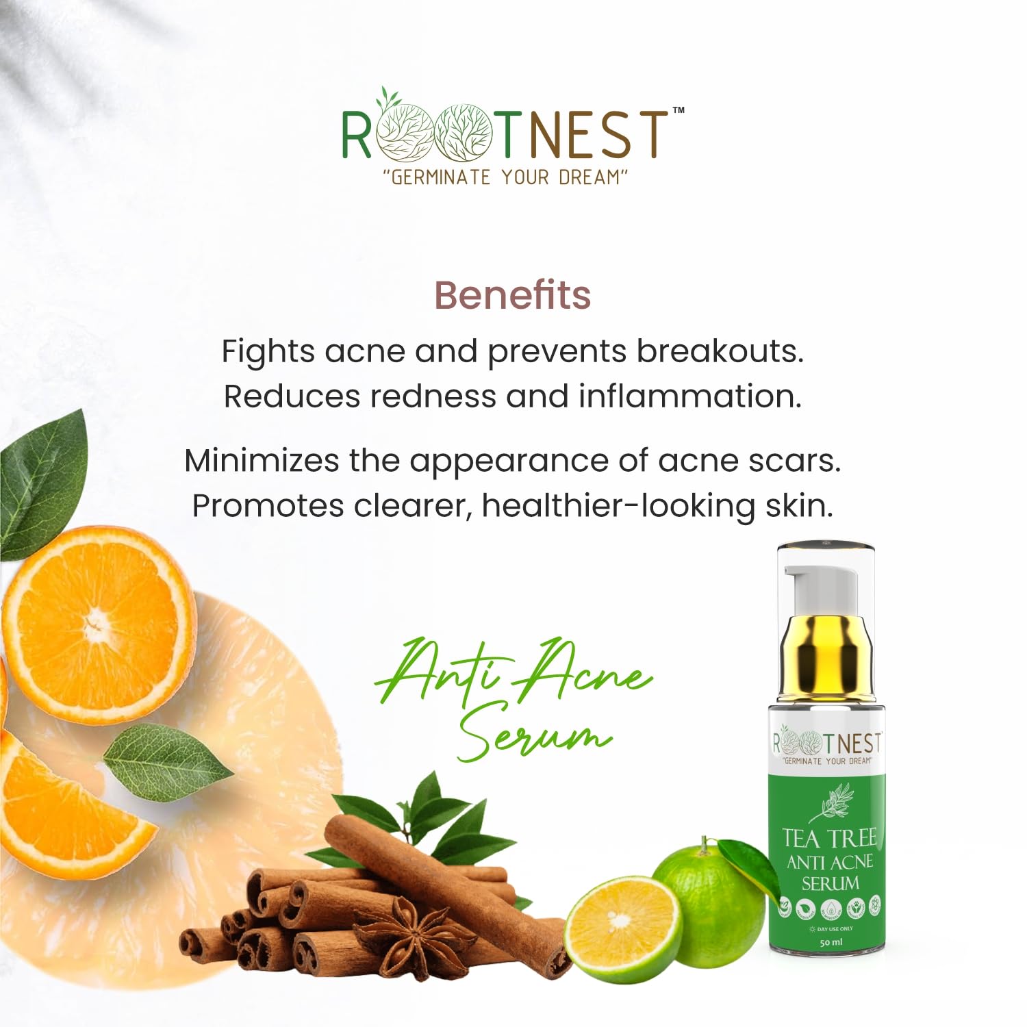 Rootnest Tea Tree Oil Anti-Acne Face Serum - Natural Organic Treatment for Blackheads, Breakouts & Large Pores with Witch Hazel & Aloe Vera | 50mL | Perfect for Oily & Acne-Prone Skin Care Routine