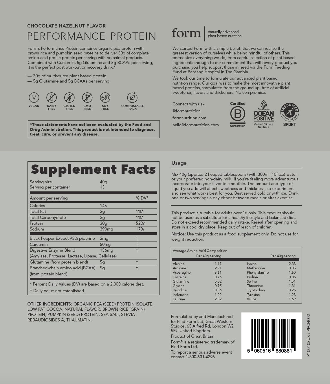 Form Performance Protein - Vegan Protein Powder with 30g Plant-Based Protein, BCAAs & Digestive Enzymes | Chocolate Hazelnut Flavor | Post-Workout Recovery & Muscle Growth | Mixes Easily with Water or Smoothies