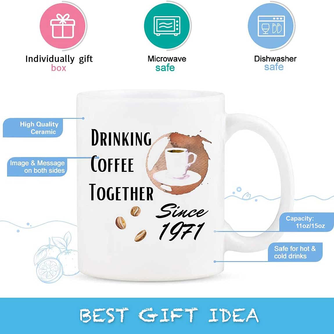 Personalized 50th Anniversary Coffee Mug - 'Drinking Coffee Together Since 1971' Ceramic Cup - 11oz & 15oz Options - Romantic Couple Gift for Him - Perfect for Anniversaries, Valentine's Day & Special Occasions