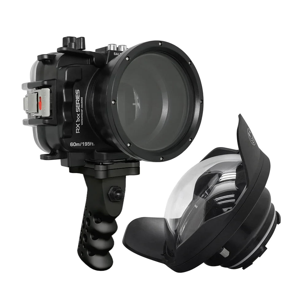 Waterproof Housing for Sony RX1xx Series - 60M/195FT Depth Rating, Aluminum Pistol Grip & 6 Dry Dome Port (Black) - Ideal for Underwater Photography, Scuba Diving, and Marine Exploration