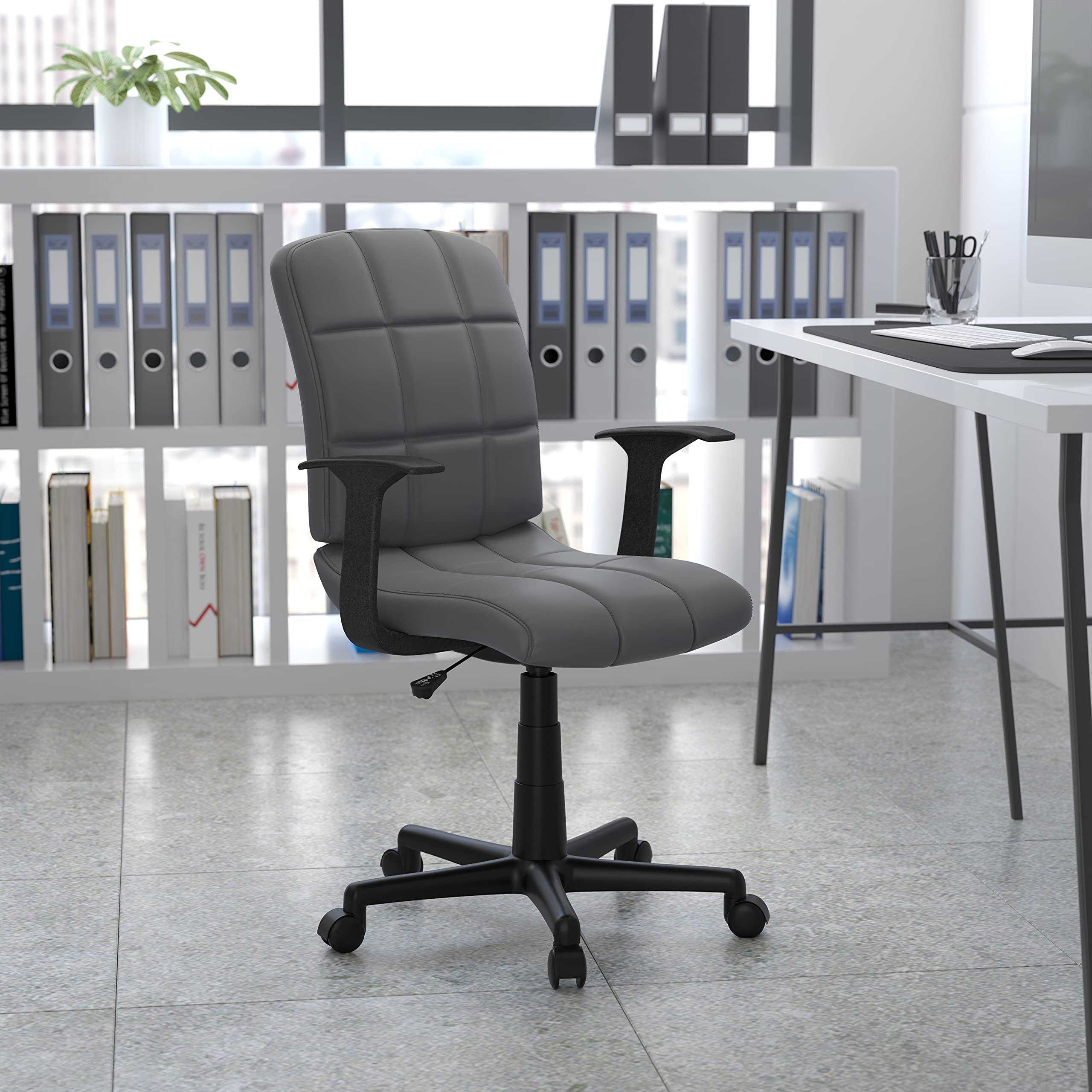 Ergonomic Mid Back Swivel Task Chair with Adjustable Arms - Gray Vinyl Upholstery, Tufted Back & 360° Rotation - Perfect for Office, Home Workspace & Gaming Setup