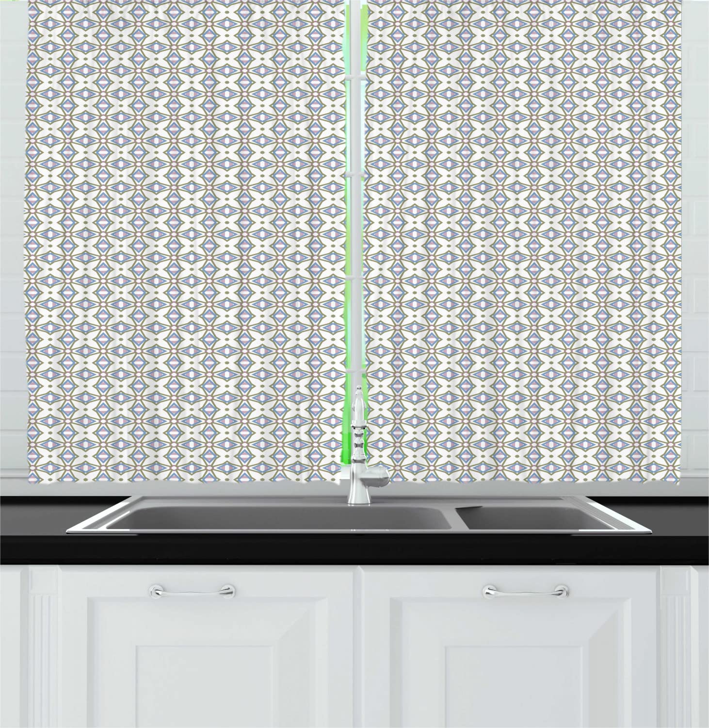 Ambesonne Abstract Long Kitchen Curtains - Moroccan Mosaic Ethnic Geometric Design on Ivory, 55