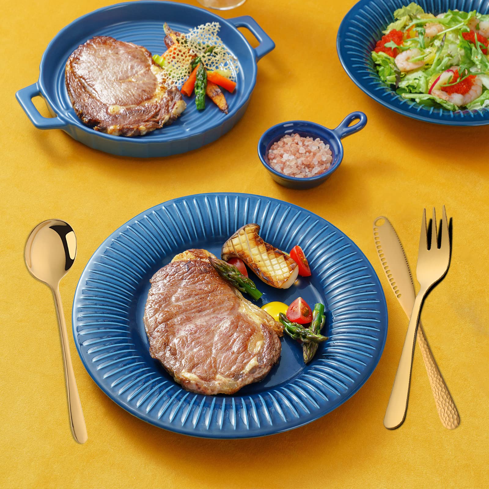 14-Piece Stainless Steel Cheese, Butter & Jam Spreader Set - Includes Round Soup Spoons, Dinner Forks & Mini Serving Tongs - Perfect for Pastry Making, Tea Parties & Kitchen Serving (Gold)
