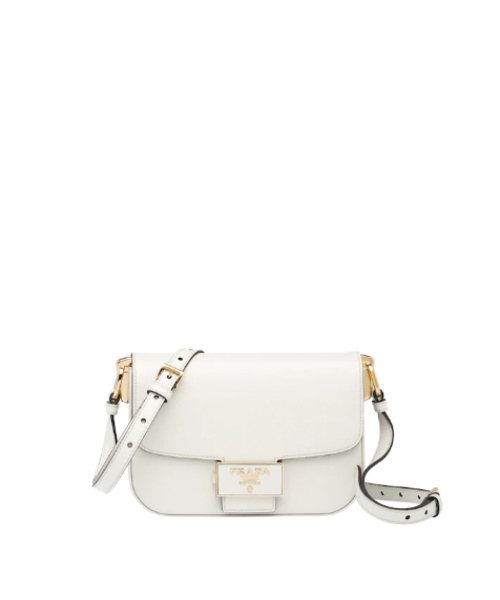 Prada Emblème Saffiano Leather Handbag for Women - Luxury White Crossbody Purse with Gold-Tone Hardware | Perfect for Work, Travel & Evening Events