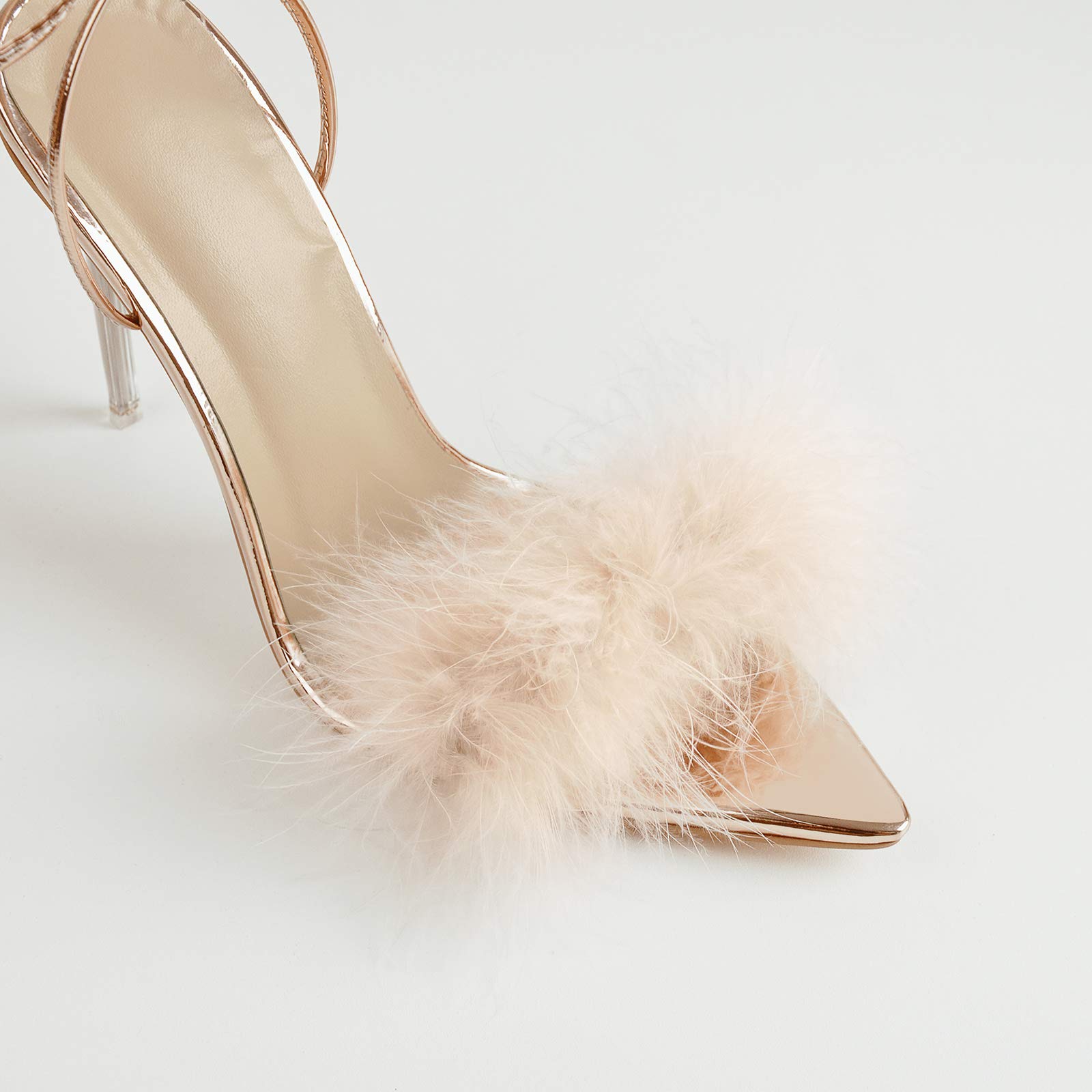 Richealnana Women's Fluffy Feather Pointed Toe Clear Heel Sandals - Elegant Party Shoes for Weddings, Prom, Evening Events & Special Occasions