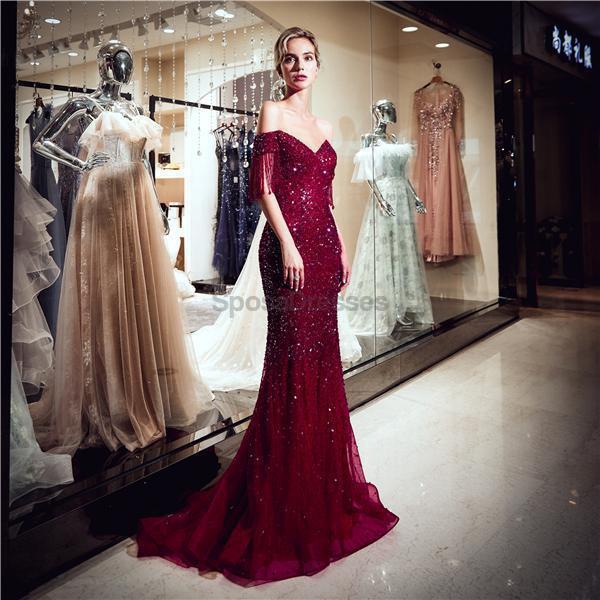Elegant Off Shoulder Dark Red Beaded Mermaid Prom Dress for Evening Parties & Special Occasions - Perfect for Homecoming, Prom Night & Formal Events (Style 12064)