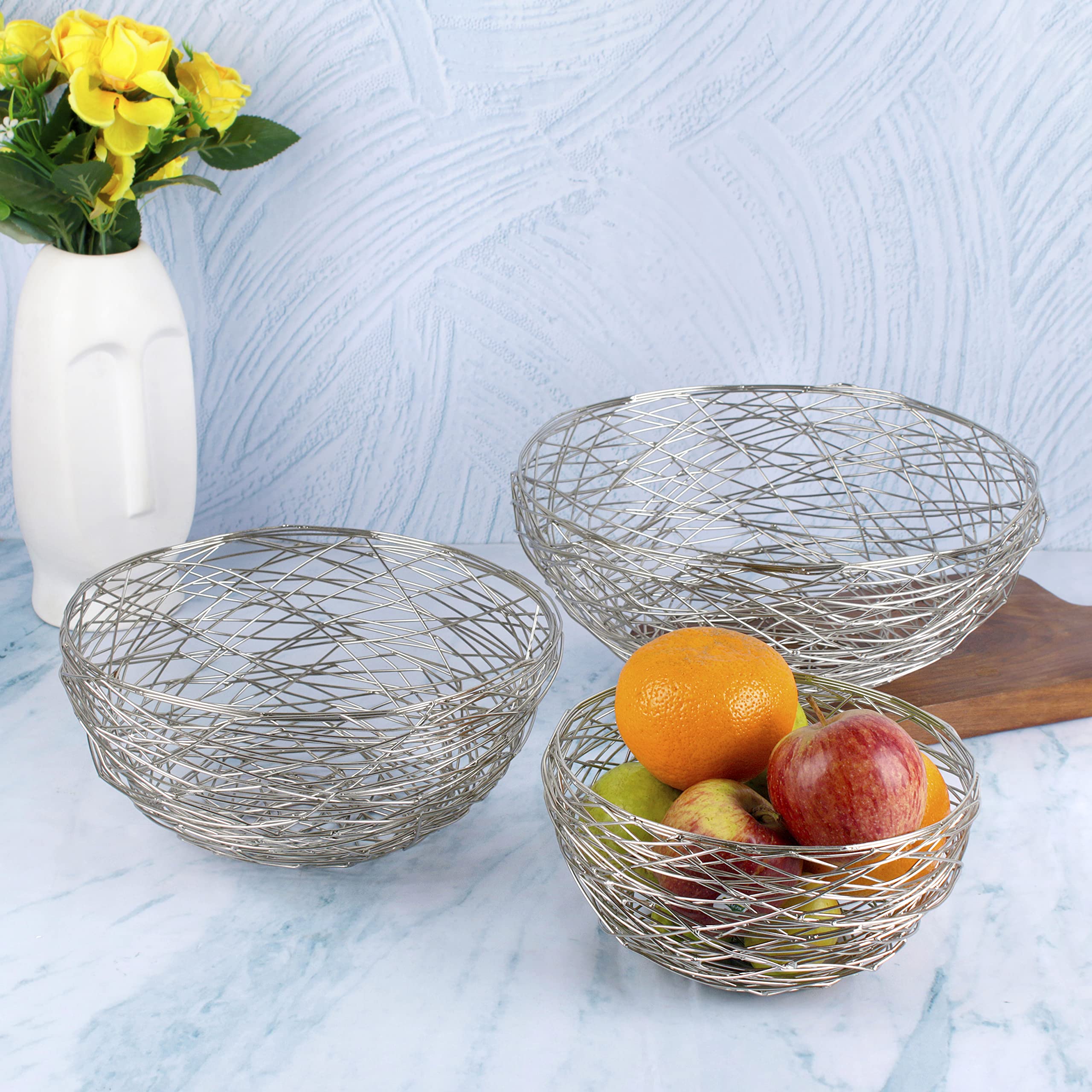 Alpha Living Home 3-Piece Shiny Silver Metal Fruit Basket Set for Kitchen Counter - Decorative Vegetable & Fruit Holder Bowl for Dining Table, Pantry, and Home Decor | Perfect for Organizing Fruits, Veggies, and Displaying as Centerpiece