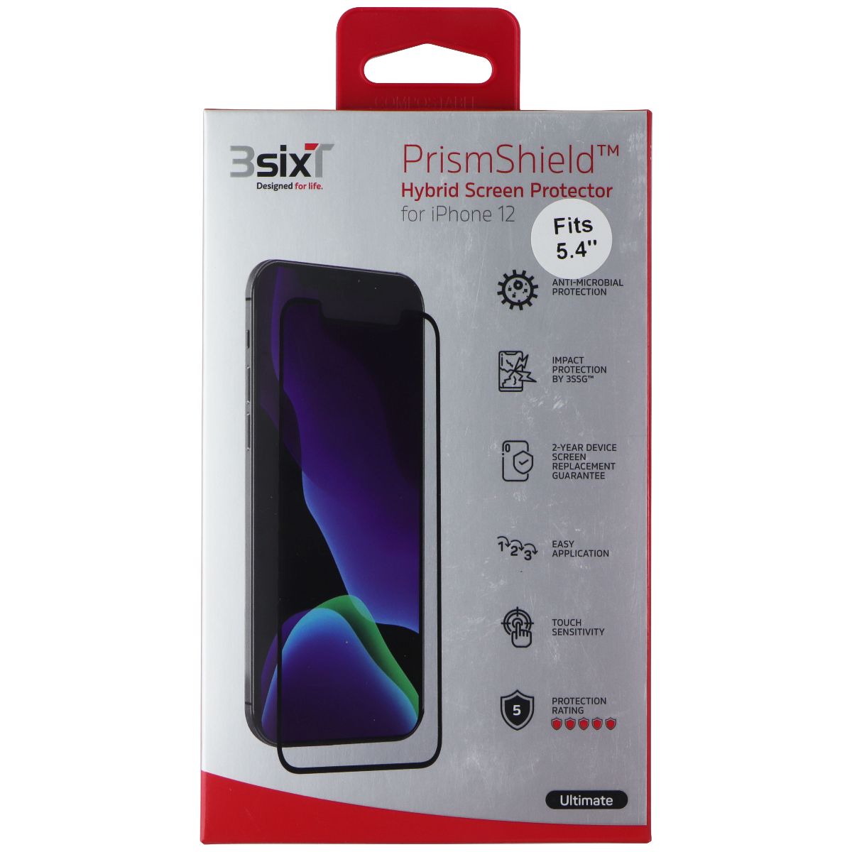 3SIXT PrismShield Hybrid Screen Protector for Apple iPhone 12 Mini - Anti-Scratch & Shatterproof Tempered Glass - Perfect for Work, Travel & Everyday Protection