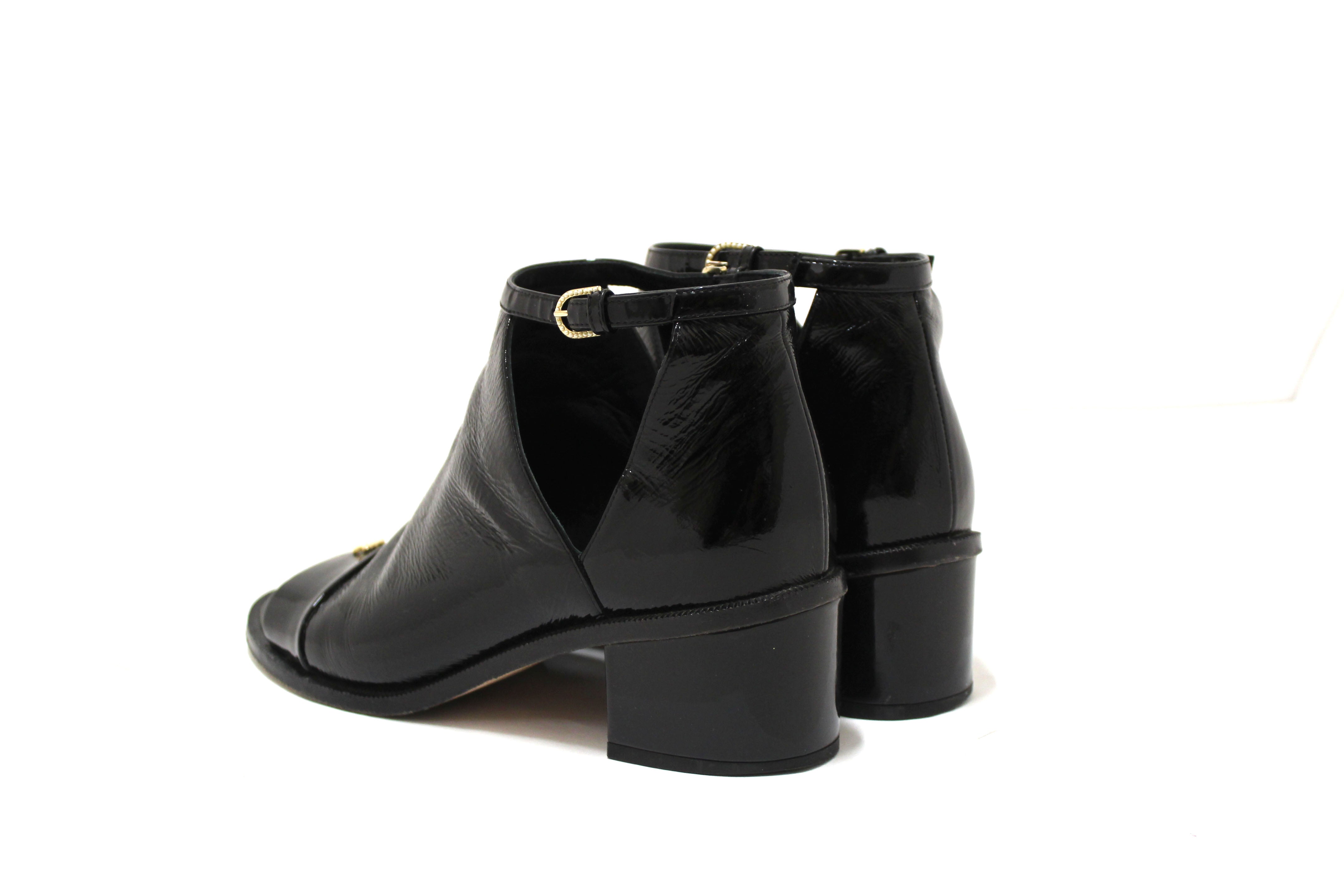 Authentic Chanel Black Patent Leather Peep Toe Ankle Boots Women's Size 38.5 - Stylish Heeled Booties for Night Out, Party & Evening Wear