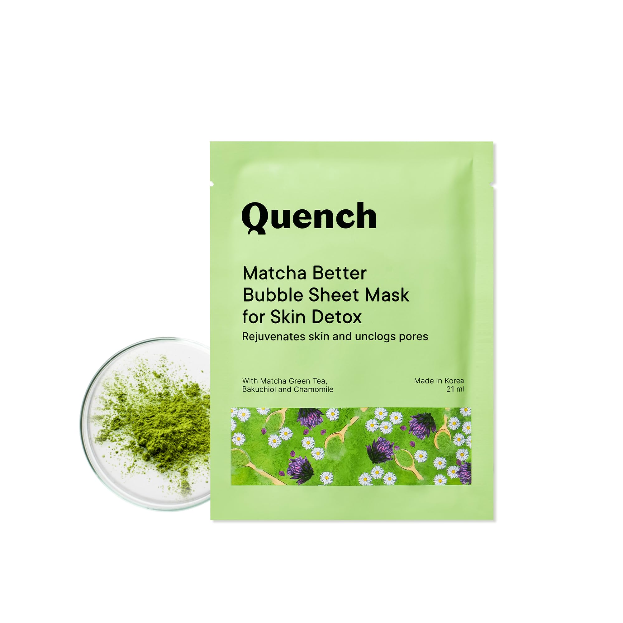 QUENCH BOTANICS Korean Bubble Sheet Mask with Matcha Green Tea & Antioxidants | Self-Foaming Face Mask for Glowing Skin | Deep Cleansing & Purifying | Made in Korea (1 Pack, 21ml) | Perfect for Spa Night & Self-Care Routine