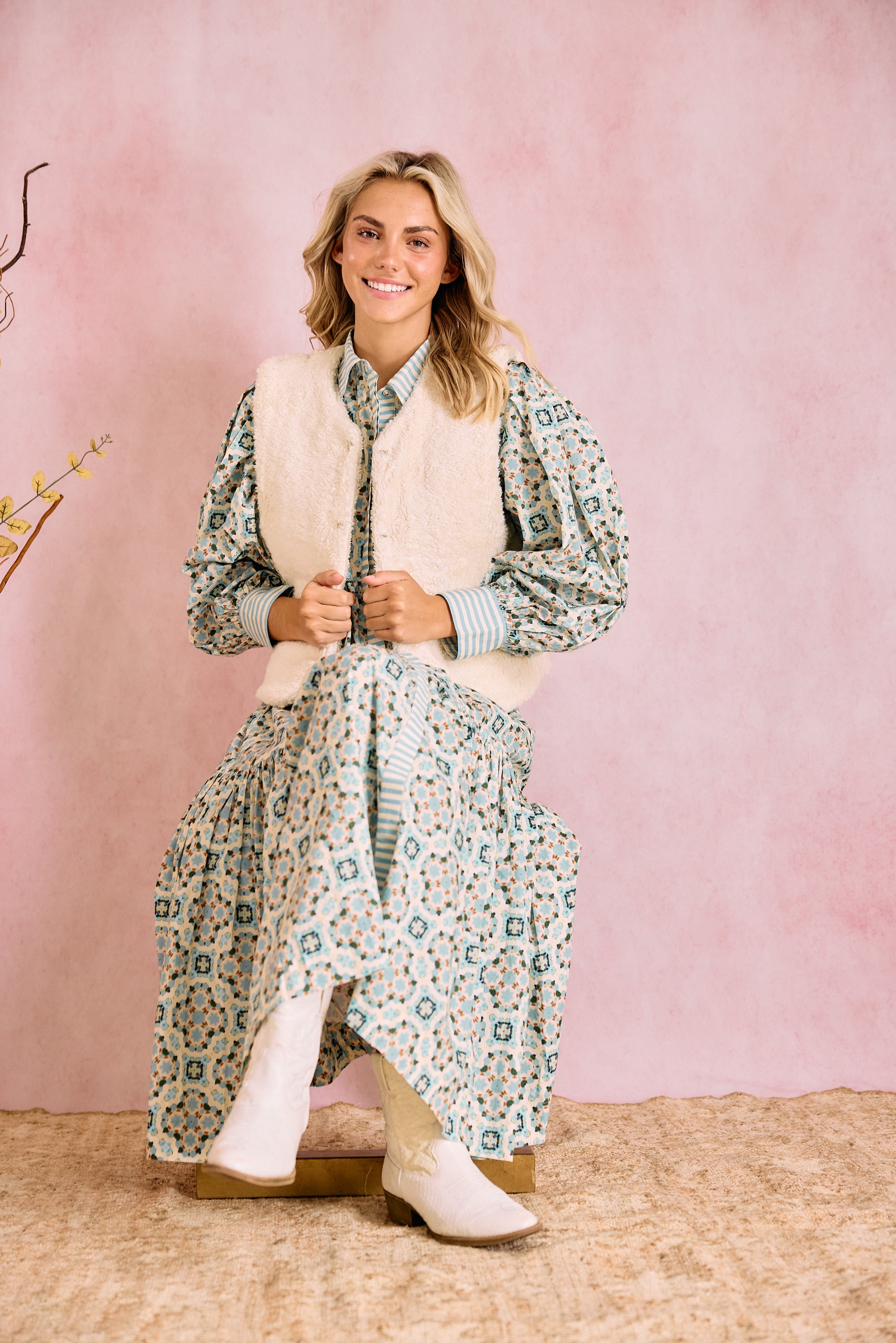 Laura Long Sleeve Quatrefoil Print Dress in Blue & Ivory - Elegant Office Wear & Casual Party Outfit