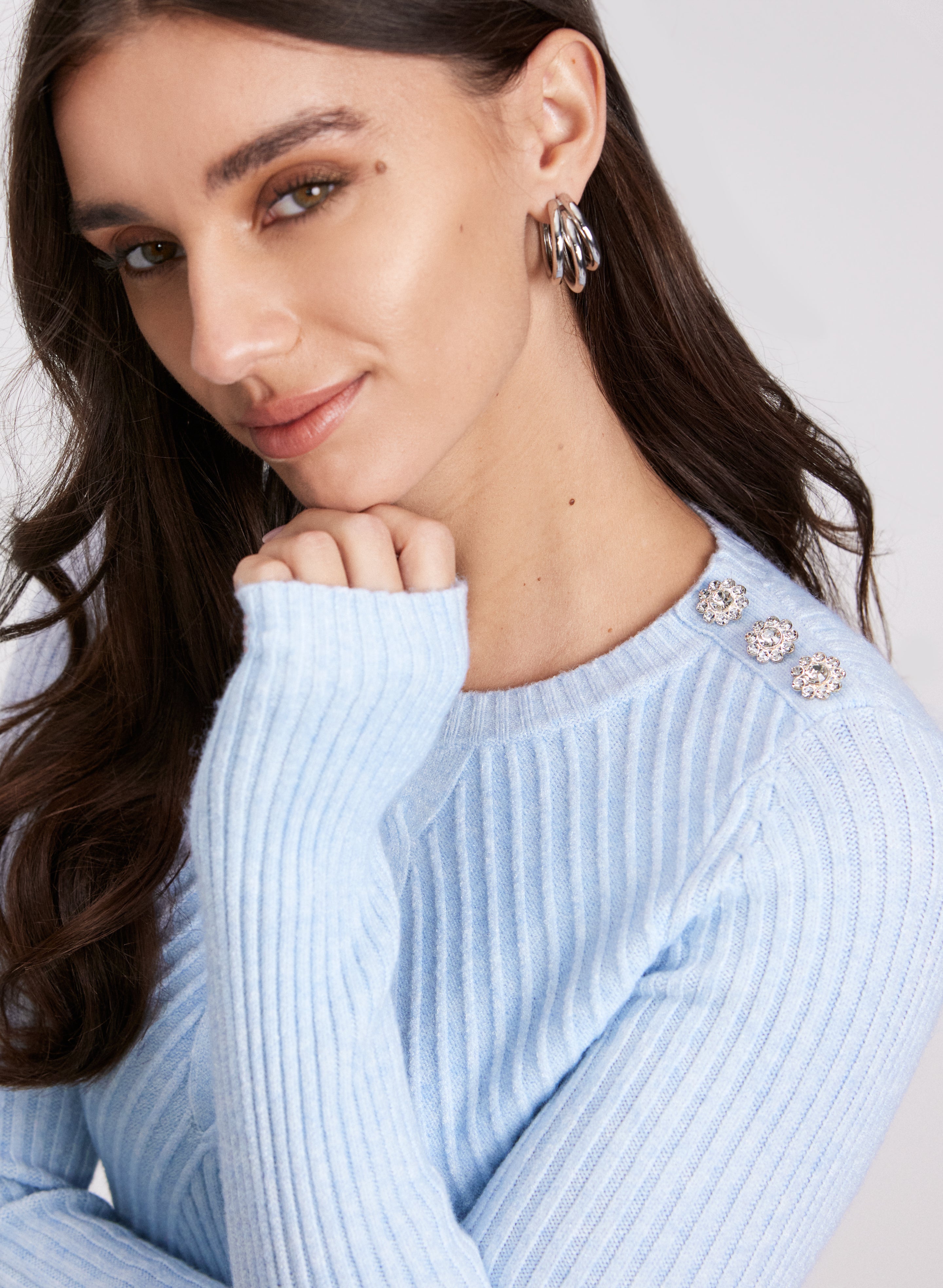 Elegant Crystal Button Embellished Sweater for Women - Stylish Knit Pullover with Rhinestone Details - Perfect for Parties, Dates & Holiday Gatherings