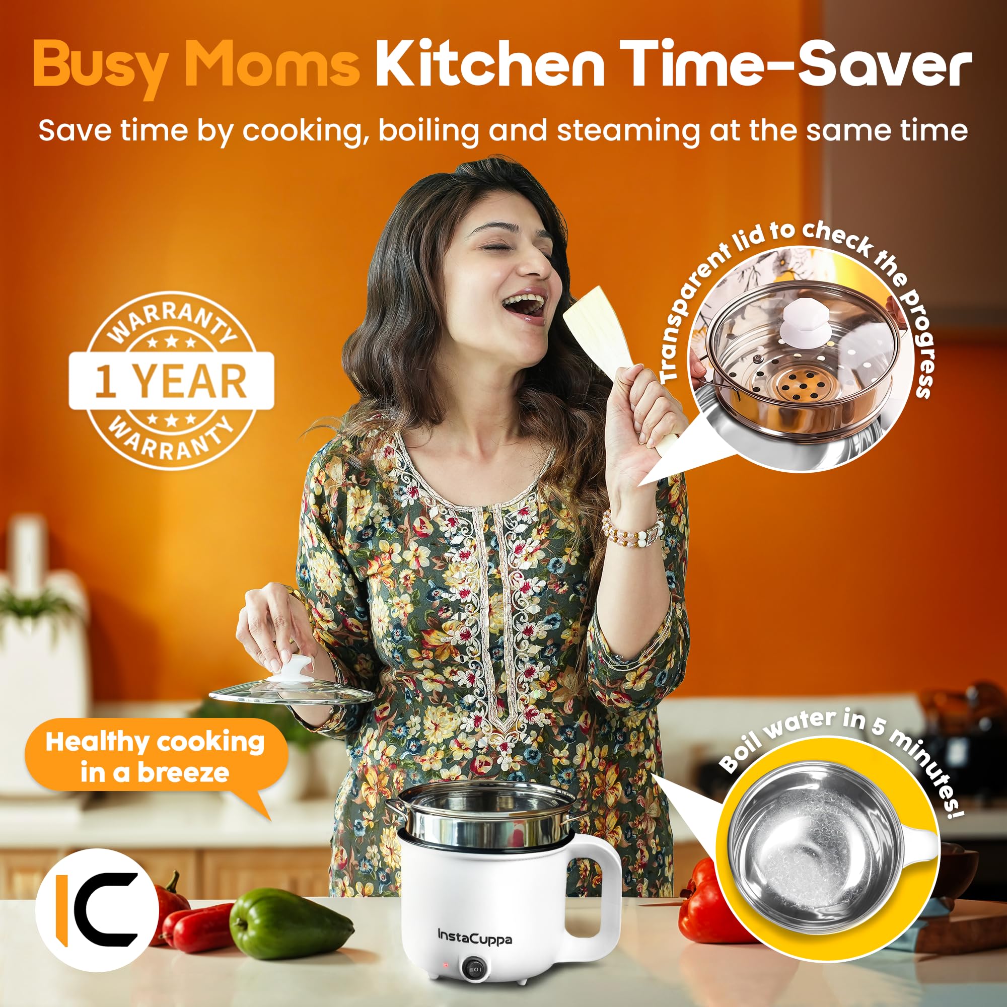 InstaCuppa 3-in-1 Multi Cooker & Steamer Kettle - 1.2L Stainless Steel Inner Pot, Adjustable Temperature Control, Wide Mouth Design - Perfect for Boiling Milk, Tea, Coffee, Eggs & Steaming Vegetables - 600W Fast Heating - Elegant White - Ideal for Home Kitchen, Office, Dorm & Small Spaces