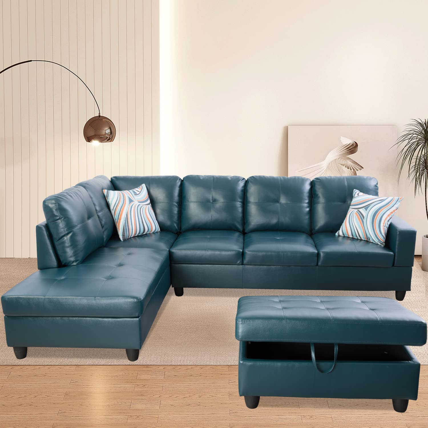 L-Shaped Leather Sectional Sofa with Storage Ottoman - Peacock Blue Faux Leather, Left-Facing Chaise for Living Room | Modern Home Furniture for Small Spaces & Family Gatherings