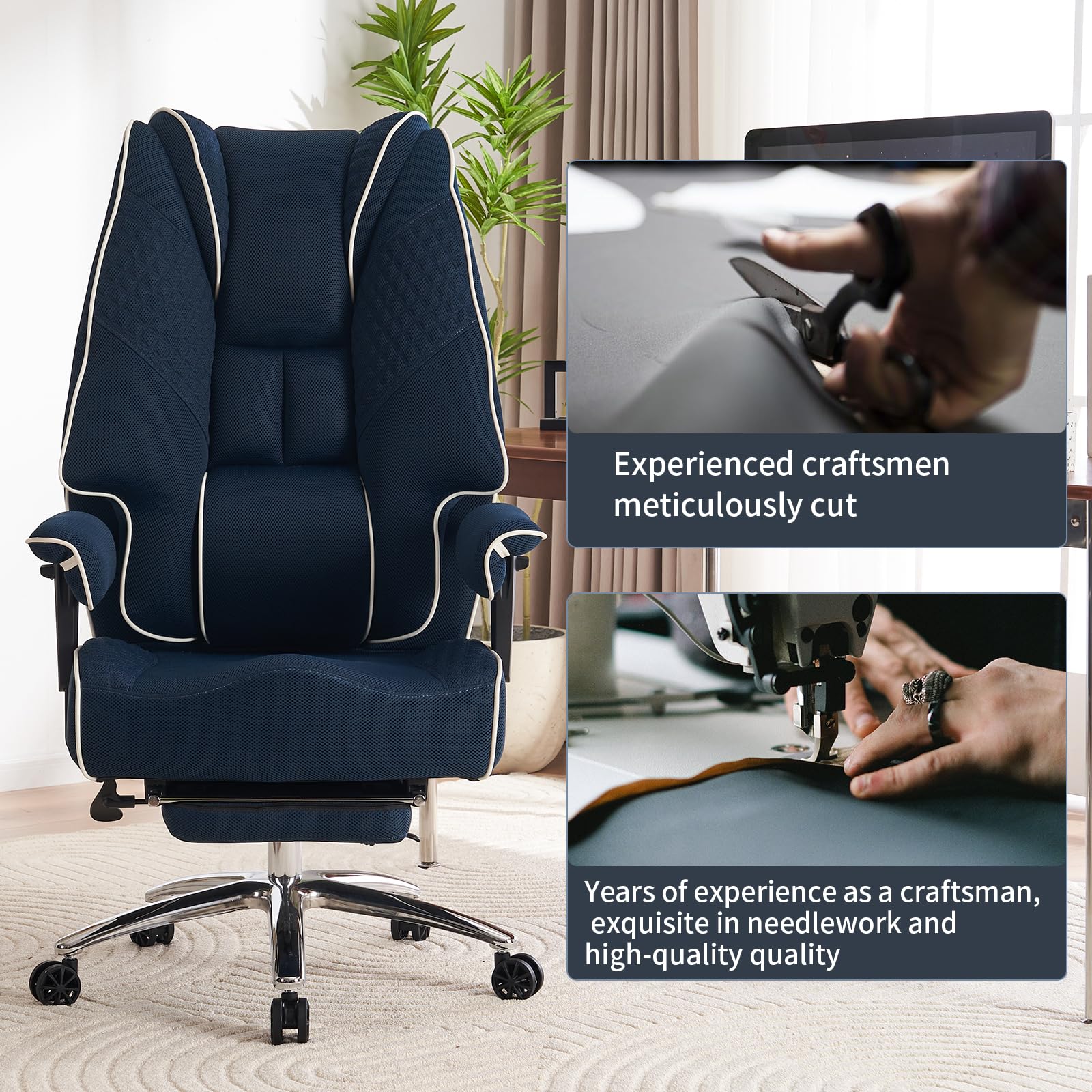 Heavy Duty Big and Tall Office Chair 400lbs Capacity - Wide Seat Ergonomic Executive Chair with Adjustable Lumbar Support & Footrest - Breathable Mesh High Back for Back Pain Relief (Dark Blue) - Perfect for Home Office, Gaming, and Long Work Sessions