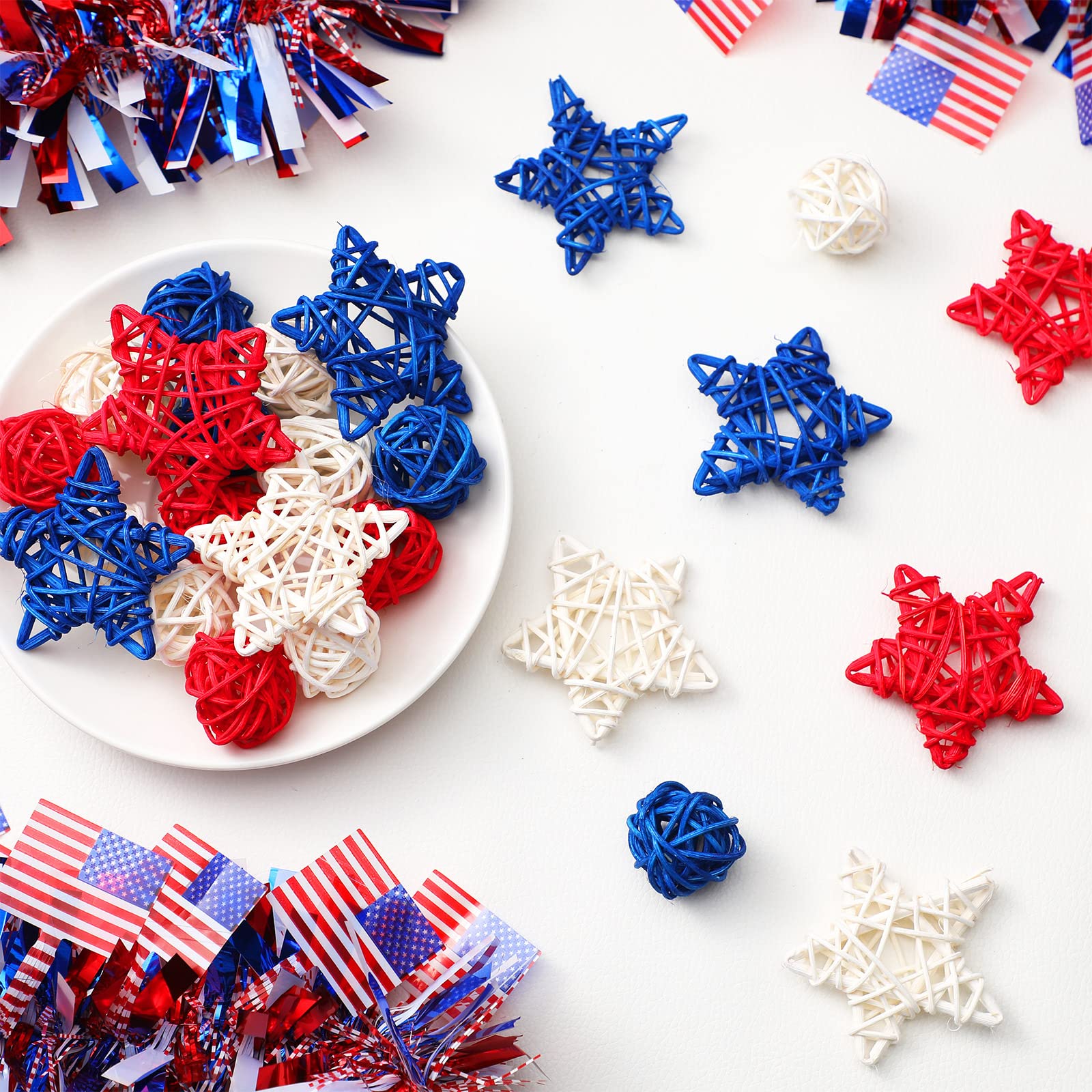 Yulejo 36-Piece Patriotic Vase Filler Set - 4th of July & Memorial Day Decorations, Natural Rattan Decorative Balls for Bowls (Round & Star Shapes) - Perfect for Independence Day Parties, Home Decor, and Patriotic Celebrations