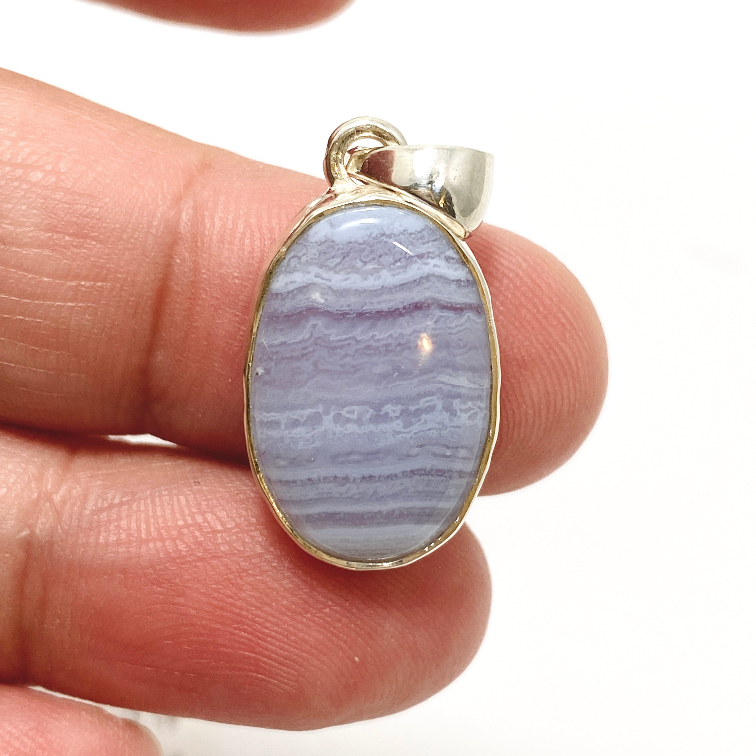 Blue Lace Agate Oval Cabochon Pendant in Hammered Sterling Silver Setting KPGJ4818 - Perfect for Boho Jewelry & Spiritual Healing