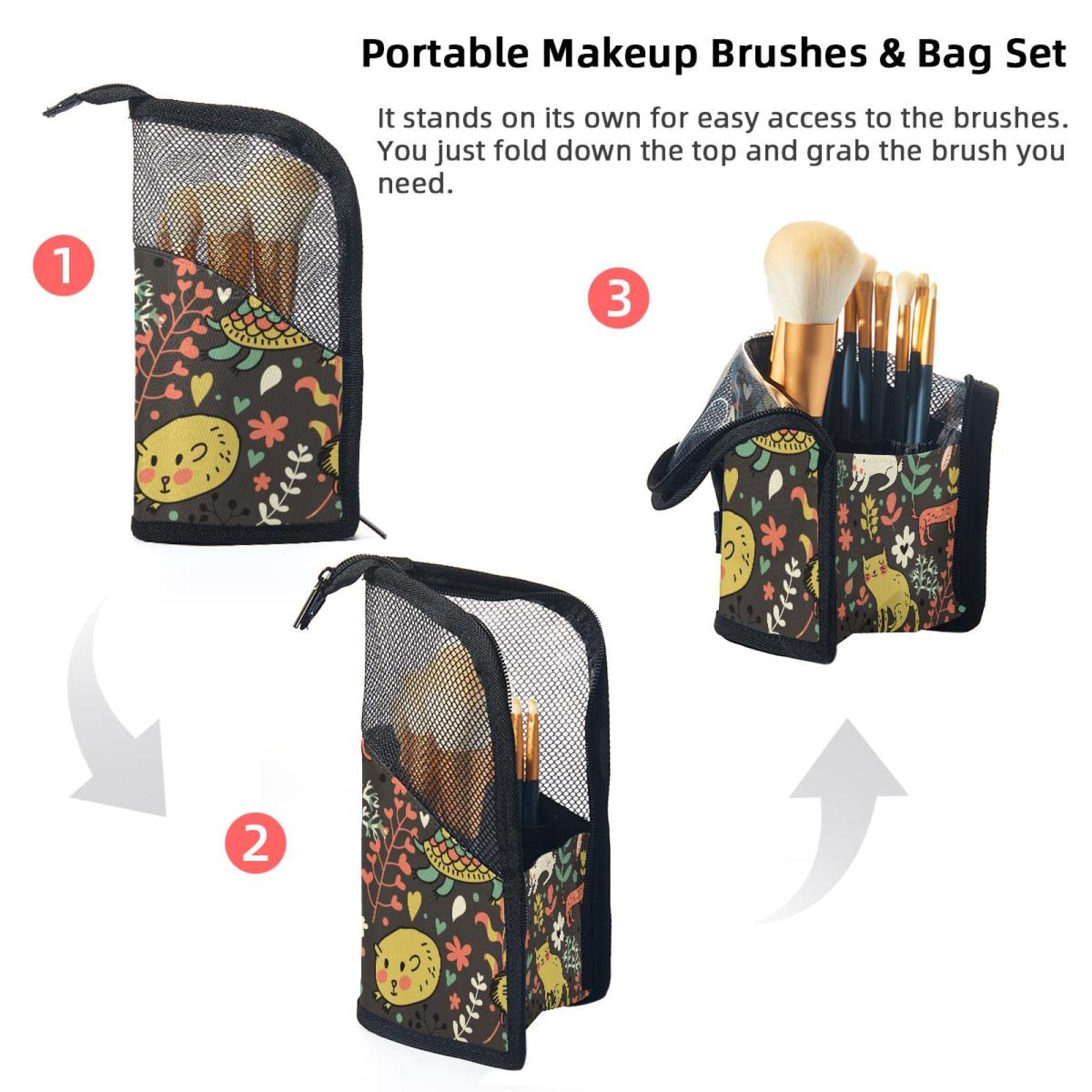 Premium Makeup Brush Organizer Bag with 12 Brushes - Cute Cat, Bird, Dog & Flower Design - Portable Travel Cosmetic Brush Holder Case - Perfect for Home, Travel & Professional Makeup Artists