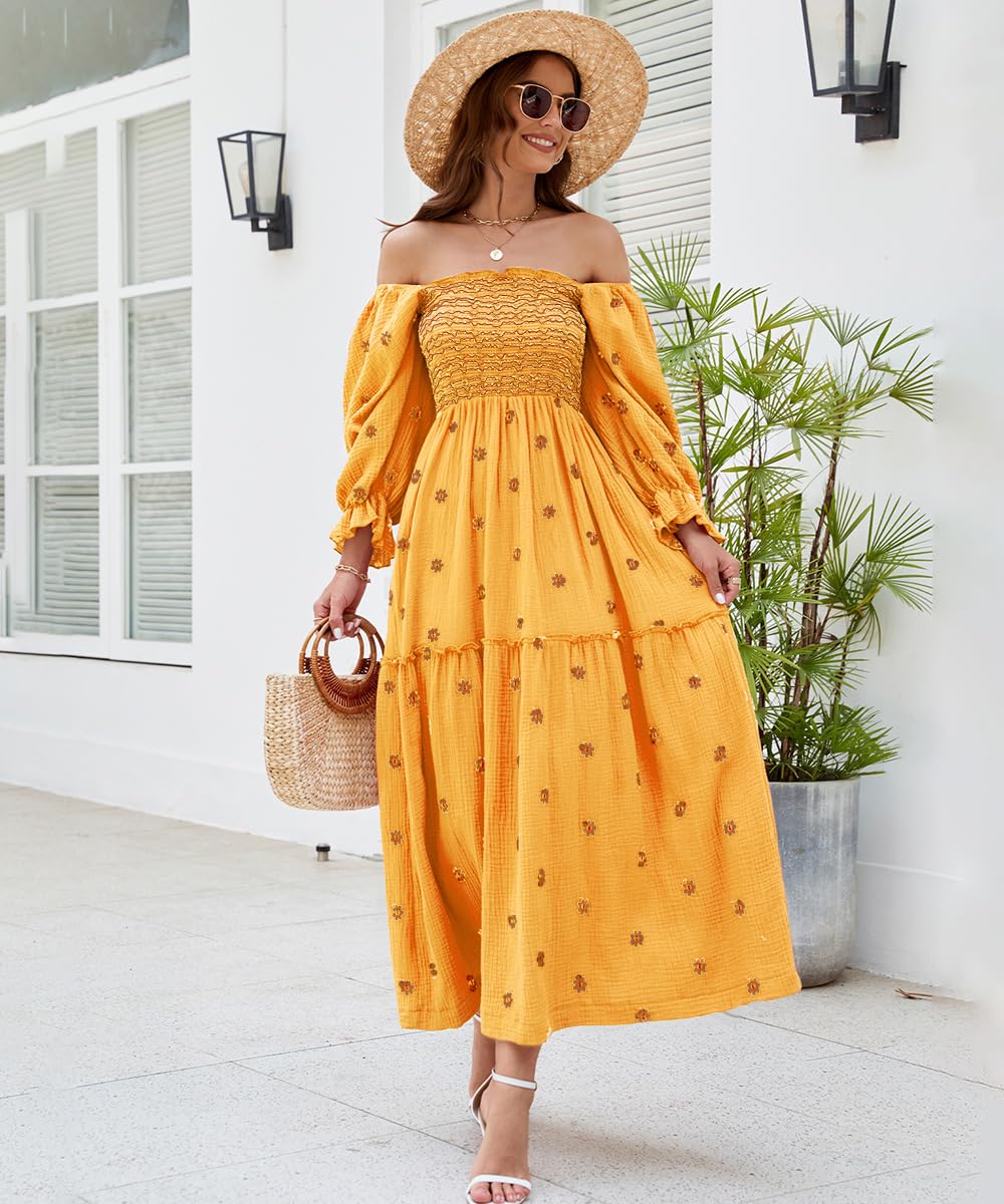 Women's Floral Embroidered Maxi Dress - Long Puff Sleeve Square Neck Bohemian Flowy Dress with Pockets, Smocked Waist for Fall | Perfect for Weddings, Beach Vacations & Boho Fashion