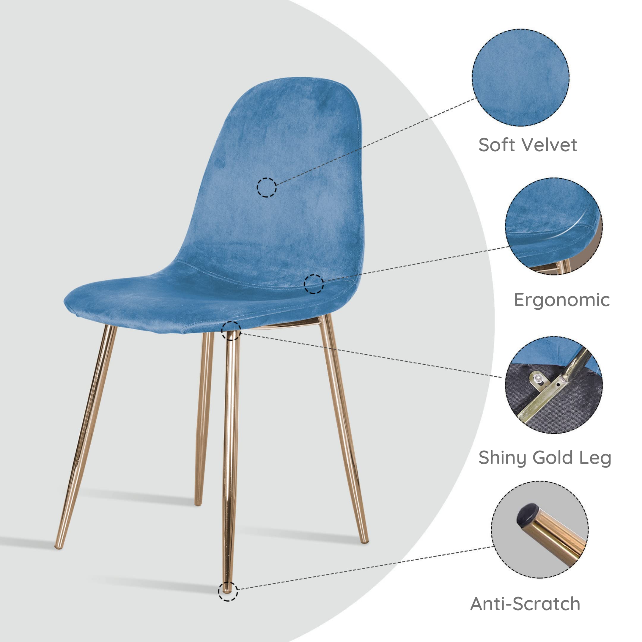 Midcentury Modern Blue Velvet Dining Chairs Set of 4 - 18