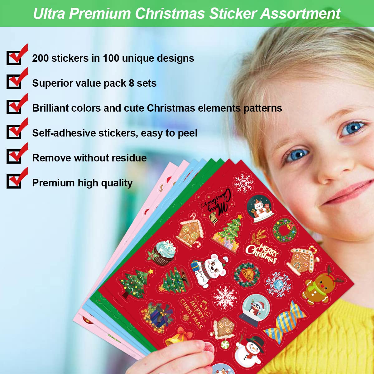 200 Christmas Stickers for Kids - Holiday Party Favors, 8 Sheets - Perfect for Classroom Activities, Gift Wrapping & DIY Crafts