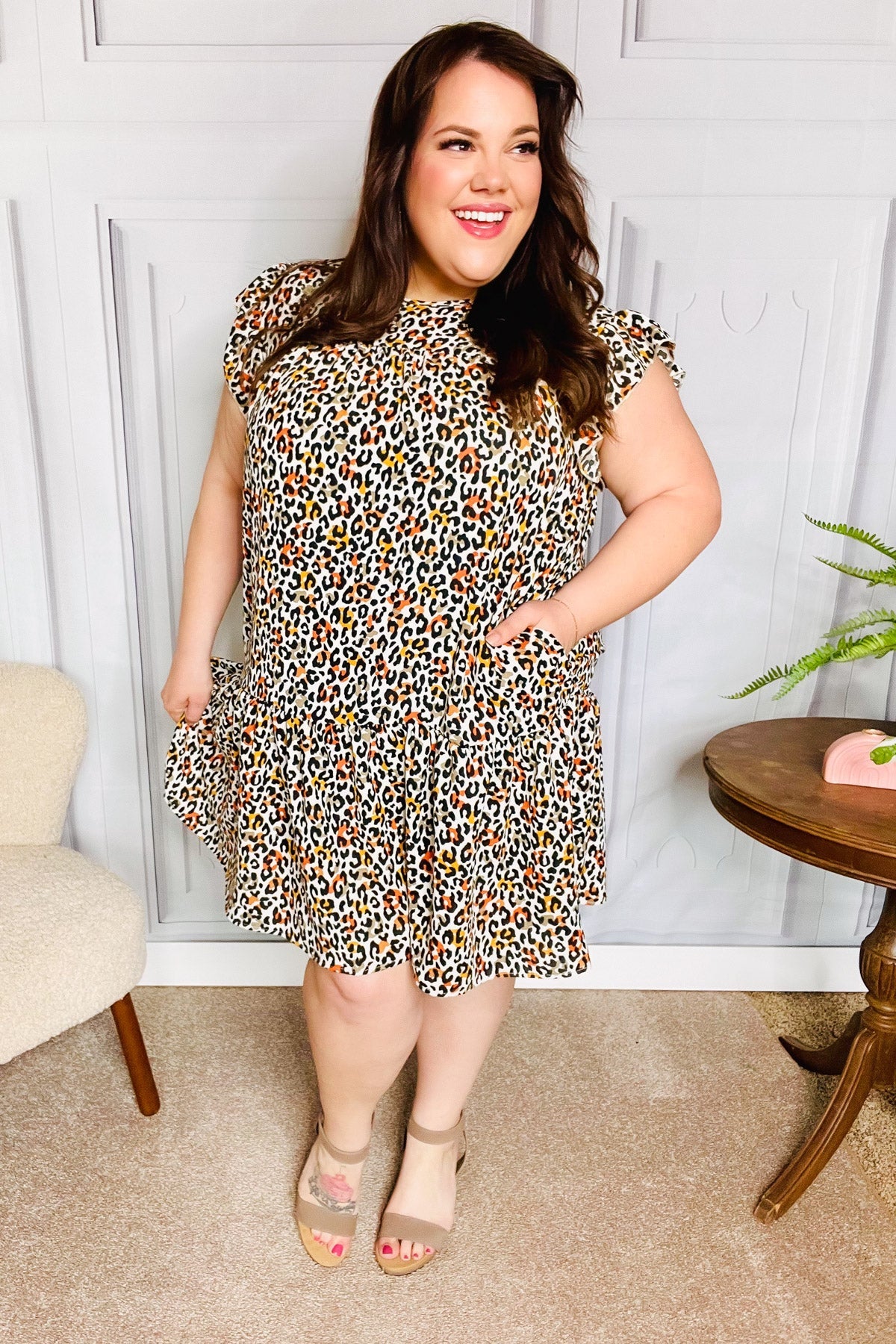 Stylish Taupe Leopard Print Tiered Ruffle Sleeve Woven Dress for Women | Elegant Party, Date Night & Special Occasion Outfit