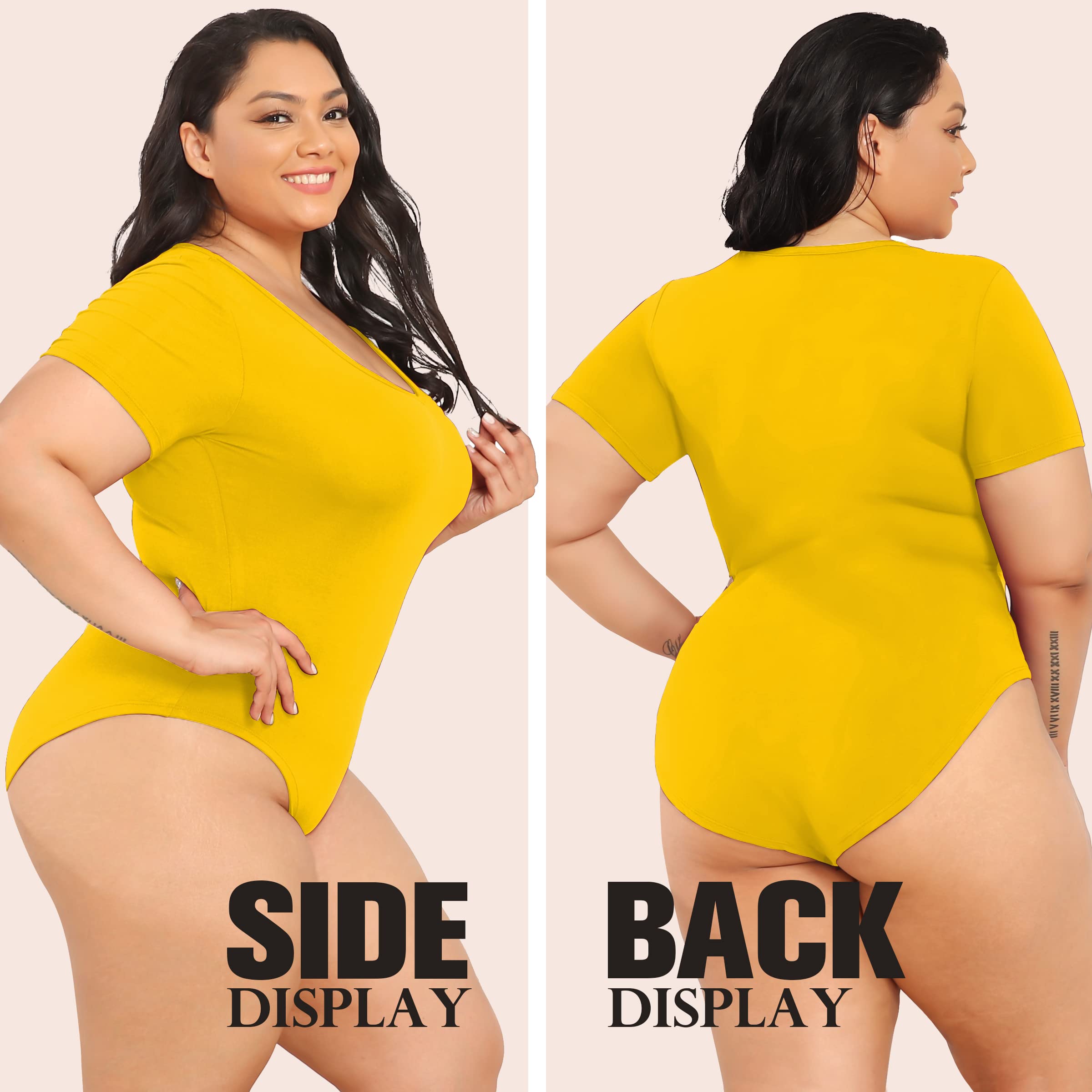 POSESHE Women's Plus Size V-Neck Short Sleeve Bodysuit - Casual Basic T-Shirt Style Jumpsuit for Everyday Wear, Layering & Office Outfits