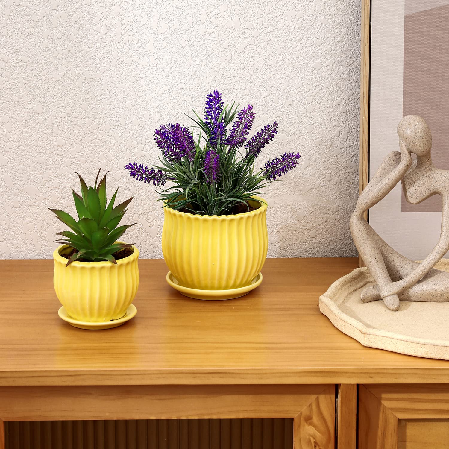 Modern Yellow Ceramic Flower Pots with Saucers - Round Succulent Plant Pots with Stripe Texture, Small to Medium Size (Set of 3) - Perfect for Home Decor, Office Desk & Indoor Plant Display