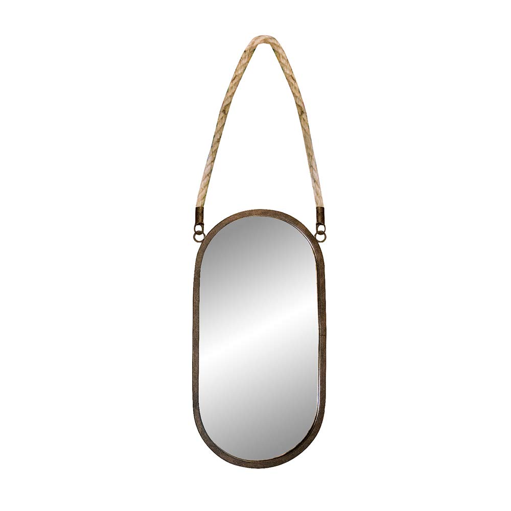 Vintage Round Wrought Iron Bathroom Mirror with Hemp Rope - Decorative Wall Hanging (40x21cm) - Perfect for Farmhouse, Boho & Retro Home Decor