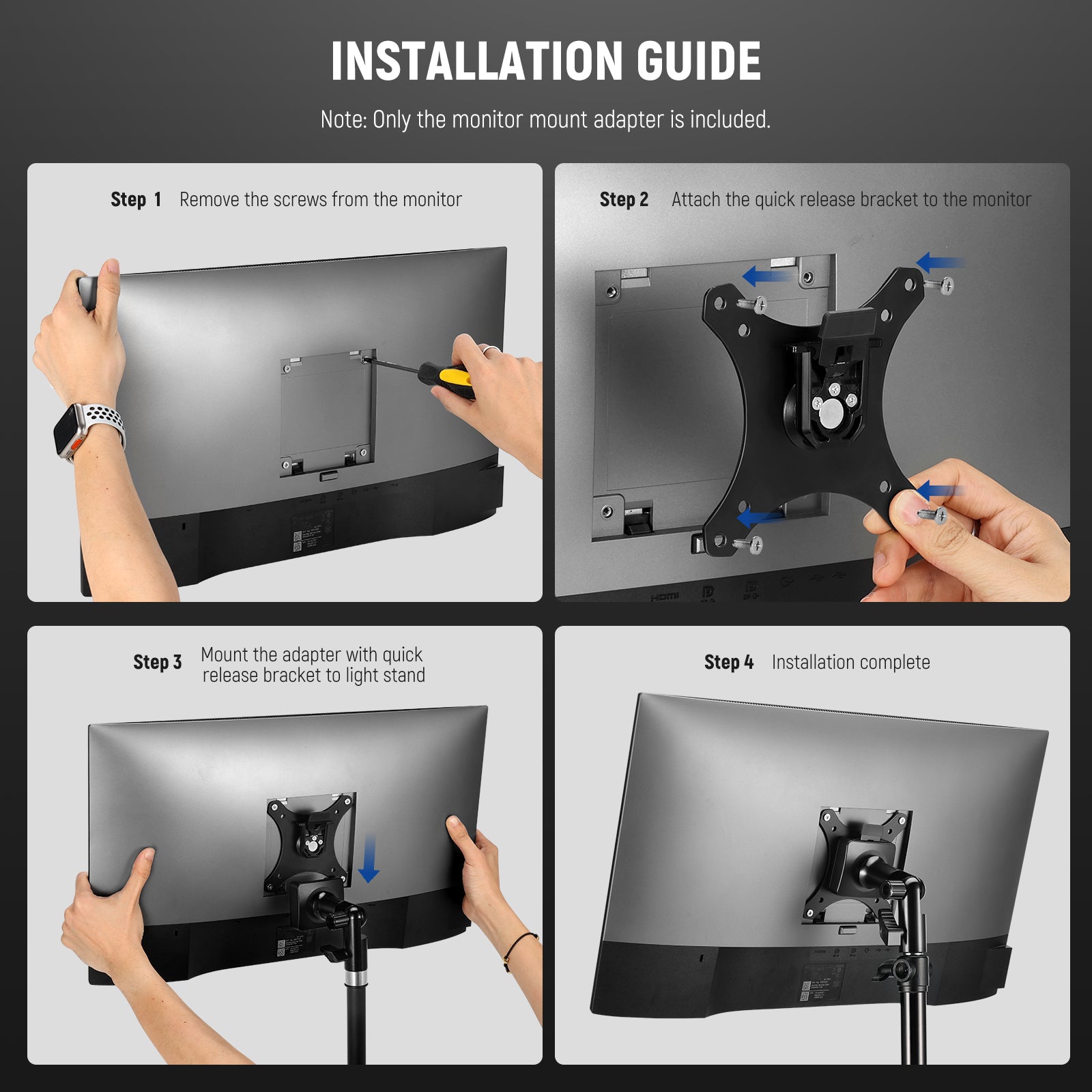 NEEWER MA010 Quick Release VESA Monitor Mount Adapter - Compatible with 75x75mm & 100x100mm Screens - Perfect for Home Office, Gaming Setup & Studio Displays