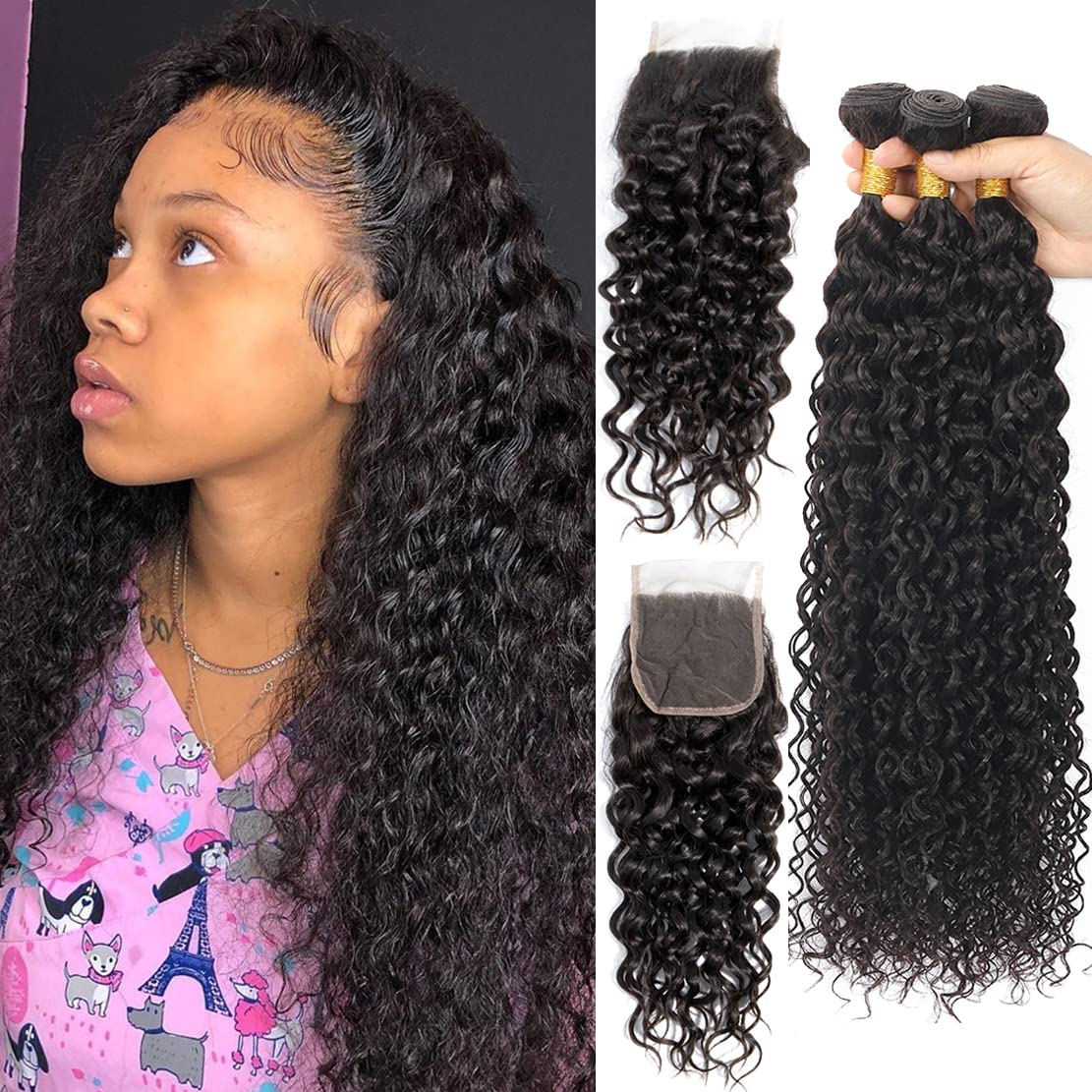 Malaysian Water Wave Human Hair Bundles with 4x4 Lace Closure 18 20 22+16 Inch Wet & Wavy Weave Hair Extensions for Black Women - Natural Color | Perfect for Protective Styles, Weddings & Everyday Glam