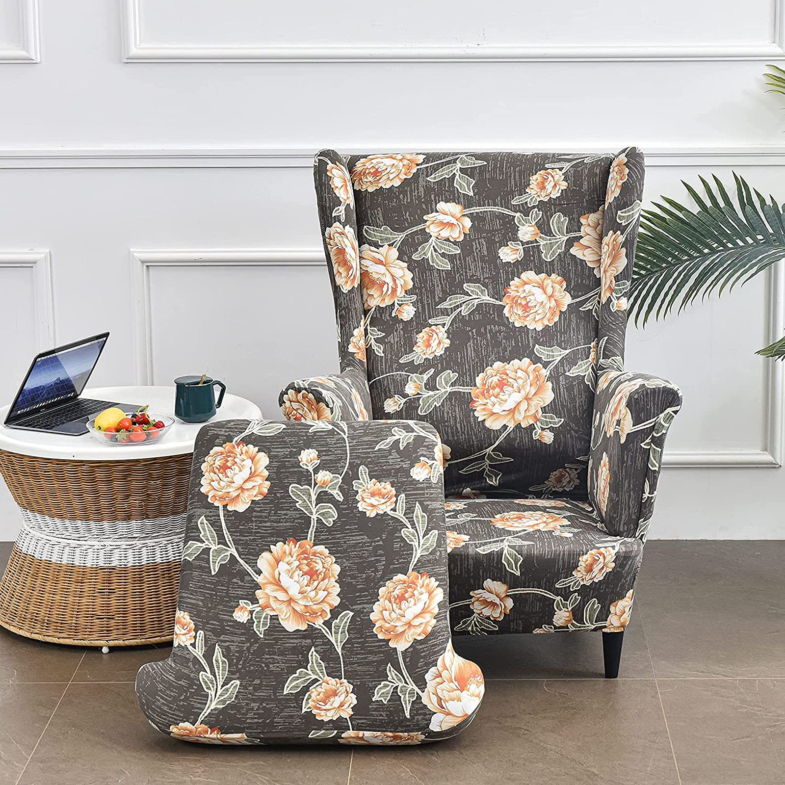 Printed Stretch Wing Chair Slipcover - 2 Piece Wingback Chair Cover Set, Soft Spandex Armchair Slipcovers, Removable & Washable Furniture Protector for Living Room, Bedroom, Office - Perfect for Home Decor Refresh & Pet Protection