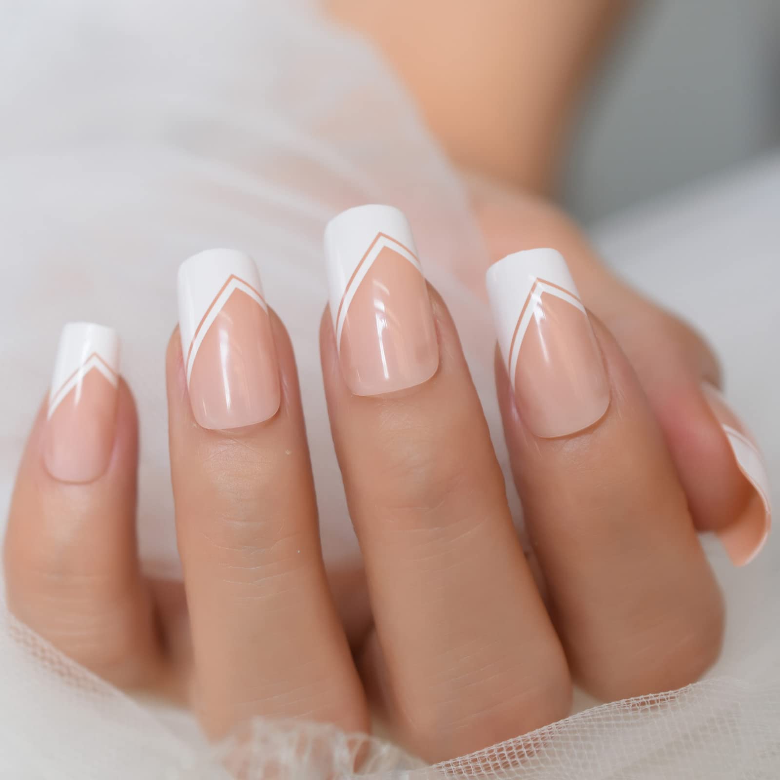 Natural White Press On Nails - Medium Square French Tip Glossy Gel Fake Nails - Full Cover False Nail Tips for Salon Quality Manicure at Home - Perfect for Weddings, Parties & Everyday Wear