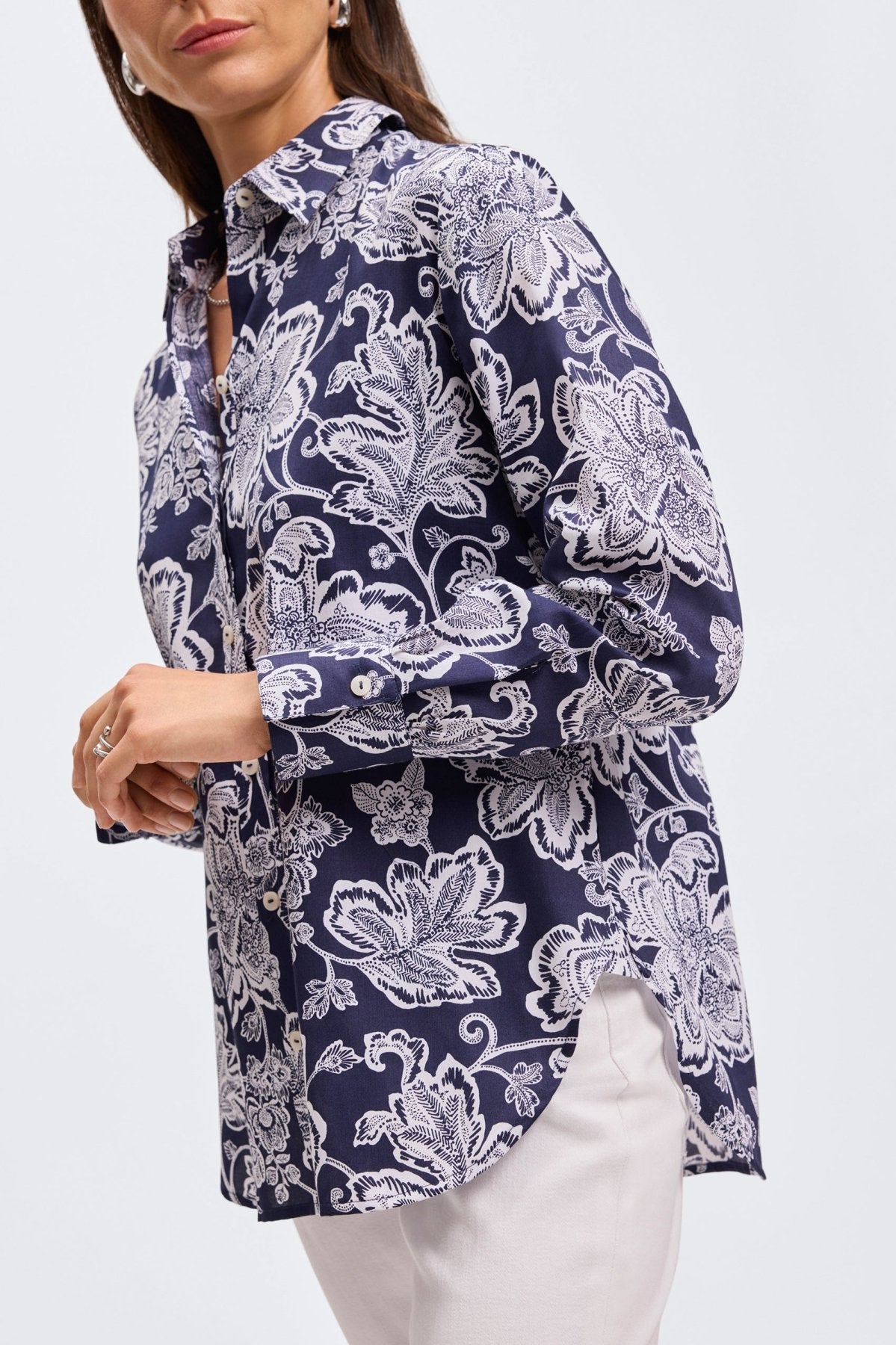 Meghan Woodblock Floral Long Sleeve Shirt - Women's Bohemian Printed Blouse for Casual Wear & Spring Outfits