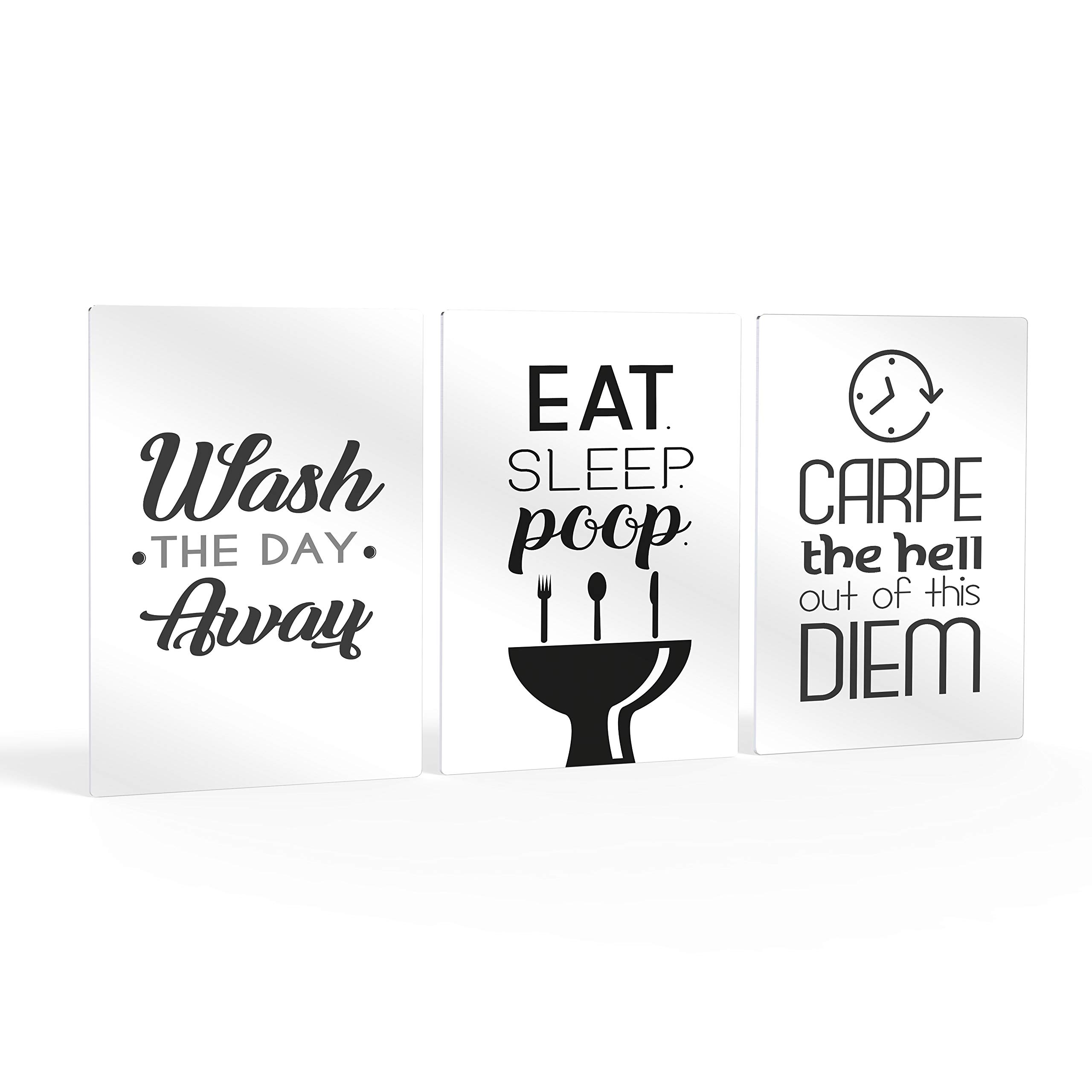 Funny Bathroom Wall Art Set - 3 Panel 'Eat Sleep Poop Wash The Day Away' Metal Print Decor | Farmhouse Style Toilet Sign | Ready to Hang (36x24 x3) | Perfect Gift for Home, Office or Bathroom Humor Lovers