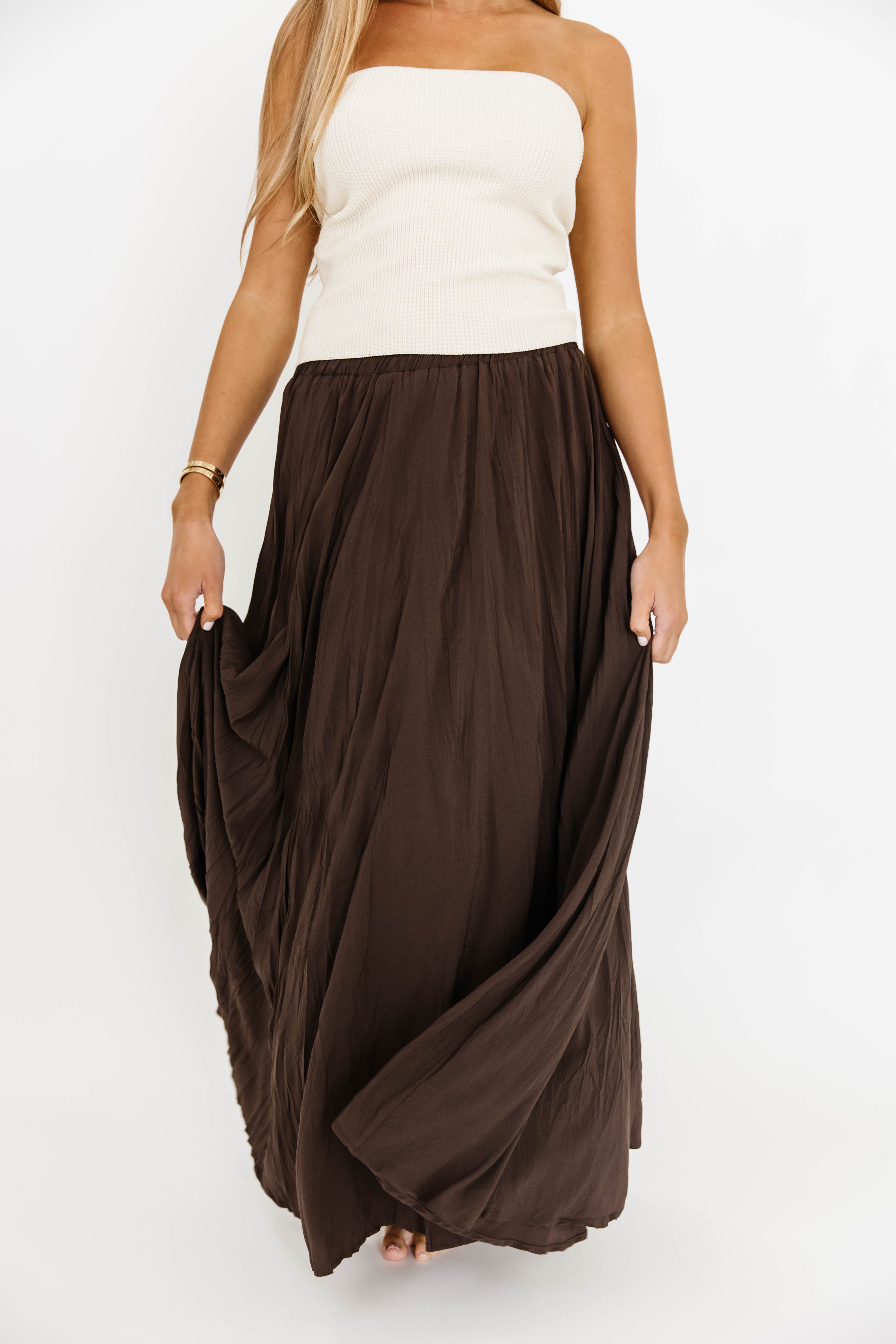 Apolline Crinkle Maxi Skirt in Dark Brown - Flowy Boho Long Skirt for Women | Perfect for Beach, Vacation & Summer Outfits