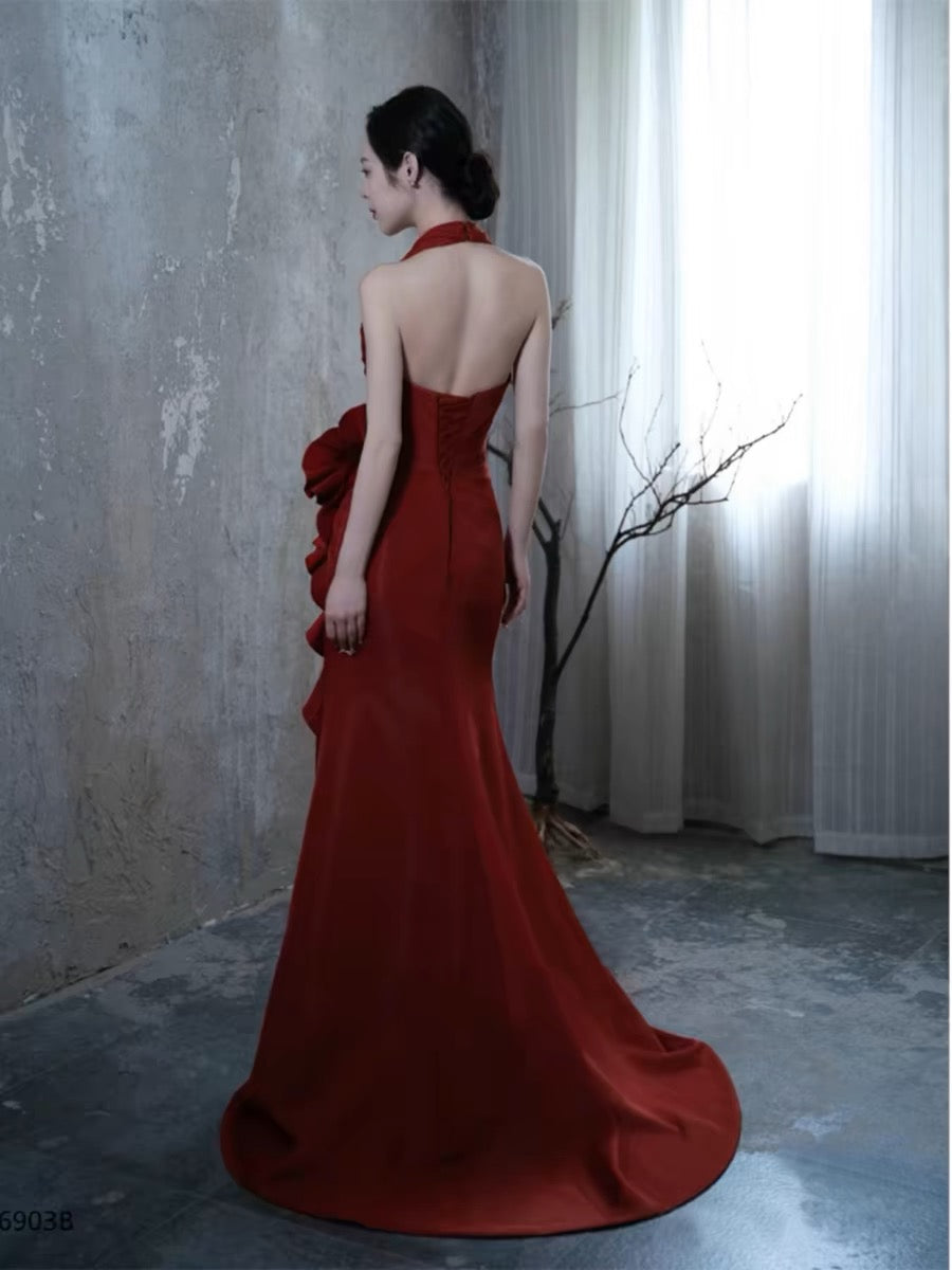 Elegant Burgundy Halter Mermaid Prom Dress with High Slit - J3218 | Perfect for Homecoming, Formal Dances & Special Occasions