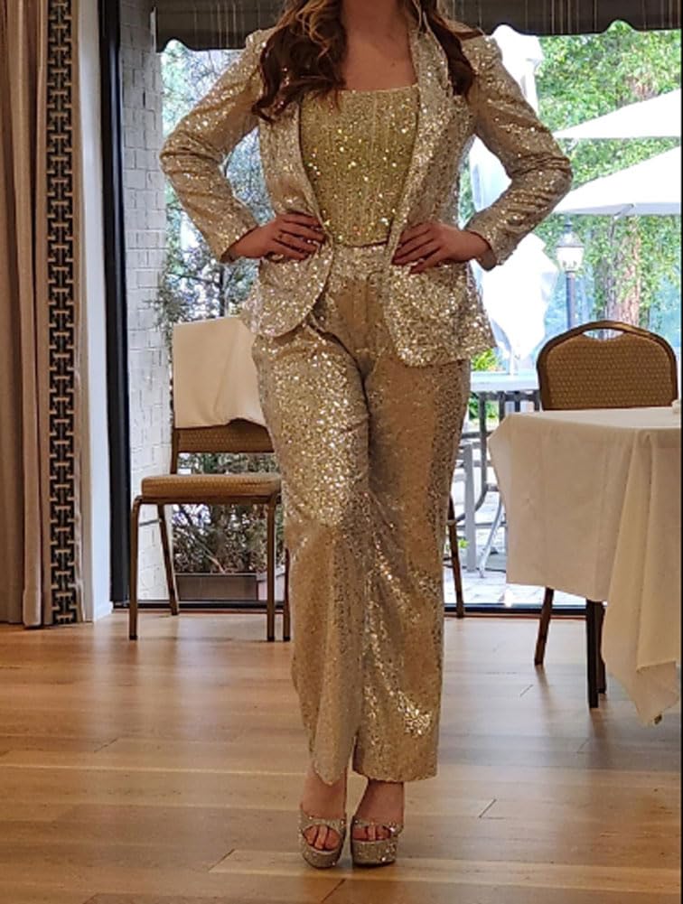 Elegant Women's Sequined 2-Piece Blazer & Pants Suit Set - One Button Wedding Tuxedo for Prom, Party & Special Occasions | Formal Evening Wear & Cocktail Attire