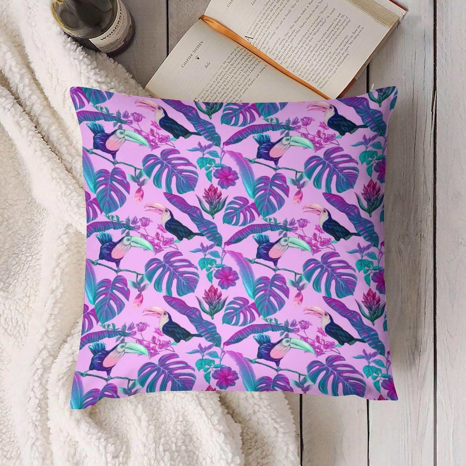 Soft Tropical Monstera & Toucan Plush Pillow Covers Set of 4 - 26x26 Inch Smooth Cushion Cases for Sofa, Bed, Living Room Decor | Perfect for Home, Nursery, Dorm & Gift