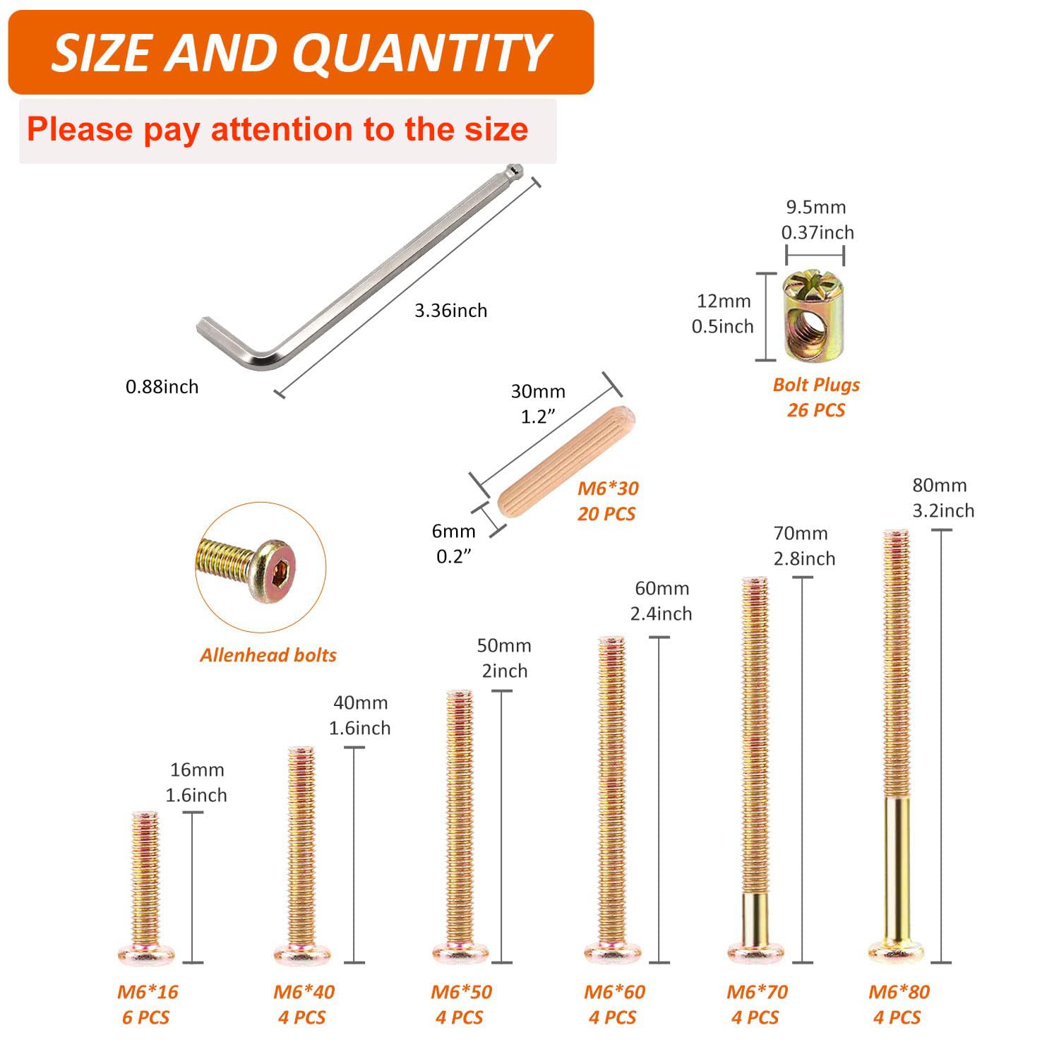 Baby Bed Frame Hardware Kit - 26pcs M6 Screws & Nuts for Cribs, Headboards, Chairs