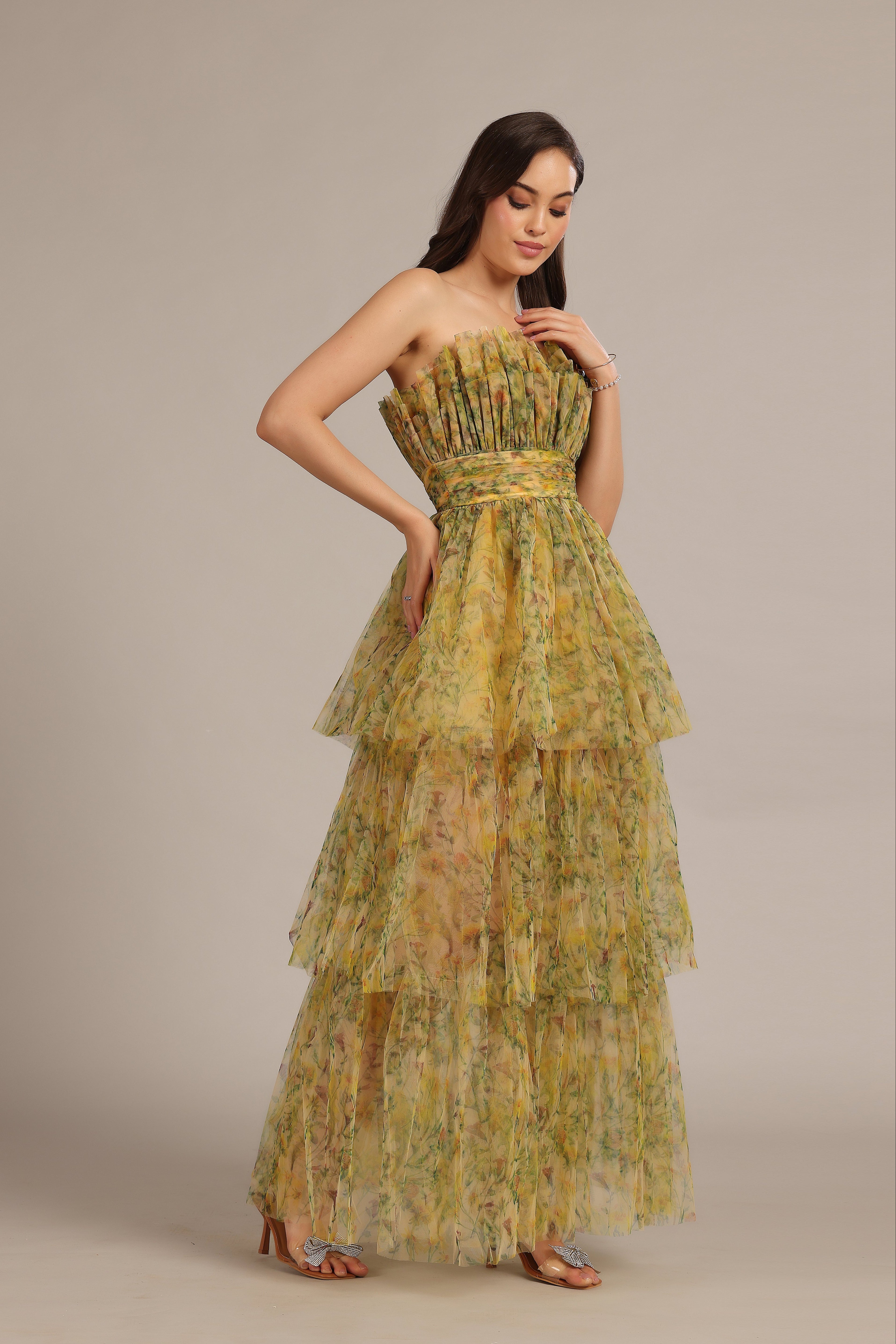 Natalia Yellow Floral Tulle Maxi Dress - Elegant Long Formal Gown for Weddings, Prom, Evening Parties & Special Occasions