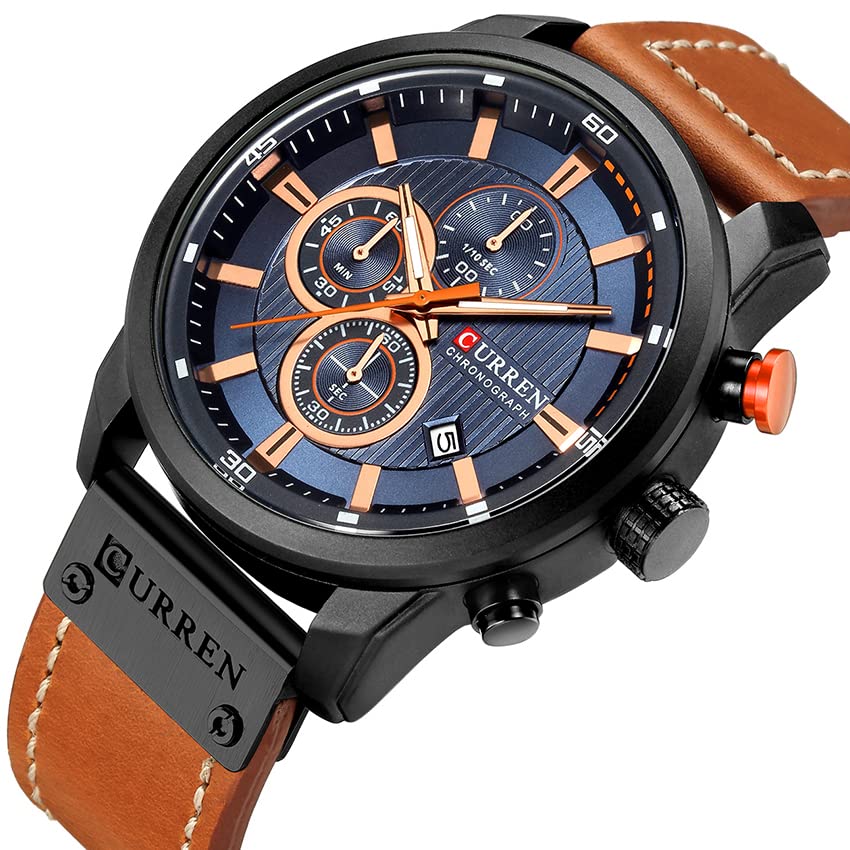 MASTOP Men's Leather Strap Watch - Quartz Movement, Stainless Steel Case, Waterproof Chronograph Analog Wristwatch for Business, Casual & Outdoor Activities